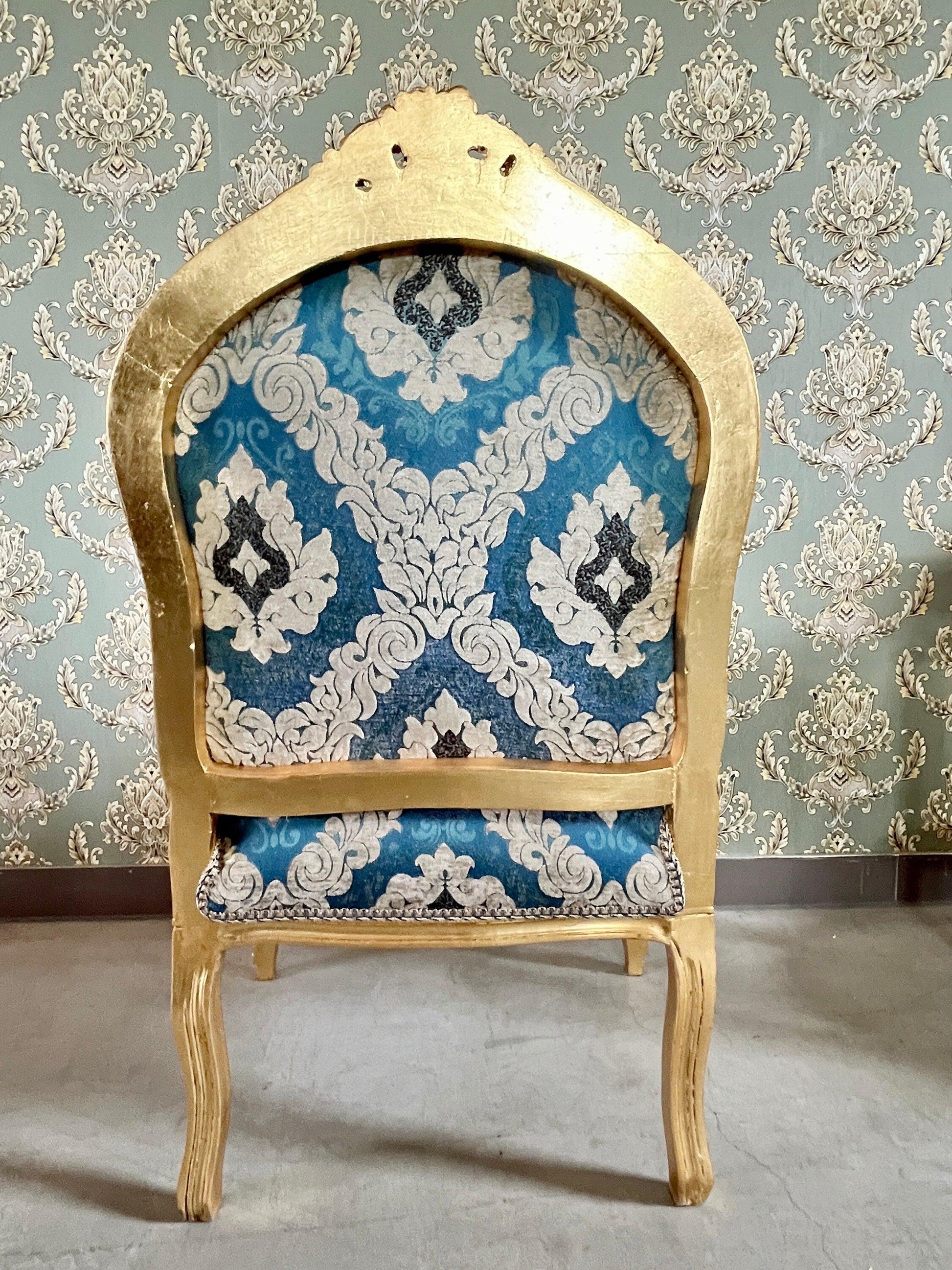 Armchairs French Louis Style in Blue Damask Retro Baroque Rococo Style Armchair Lounge Chair for Home Decor