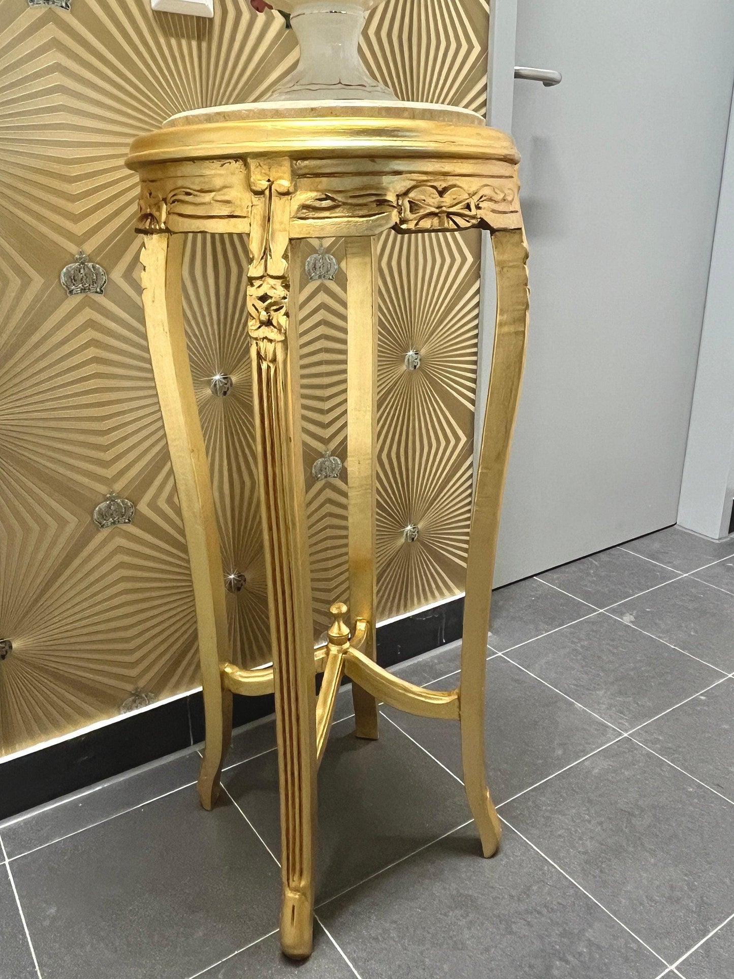 Tall Side Table French Baroque Style with Marble Slab Top for Home Decor Table Gold Finish and Beige Marble