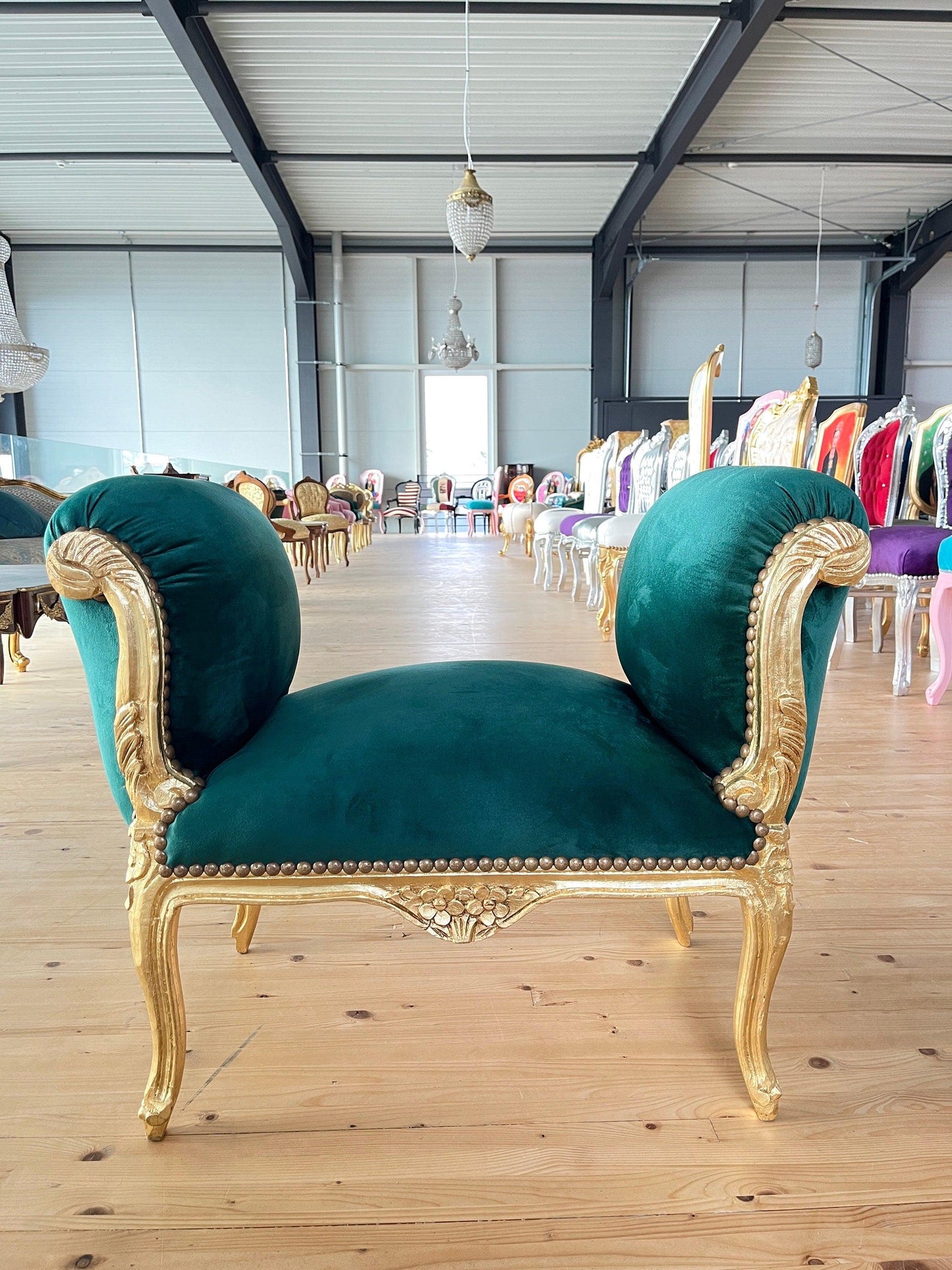 Ottoman French Louis XV Baroque Style Foot Stool Green Velvet in Gold Finish Frame for Home Decor