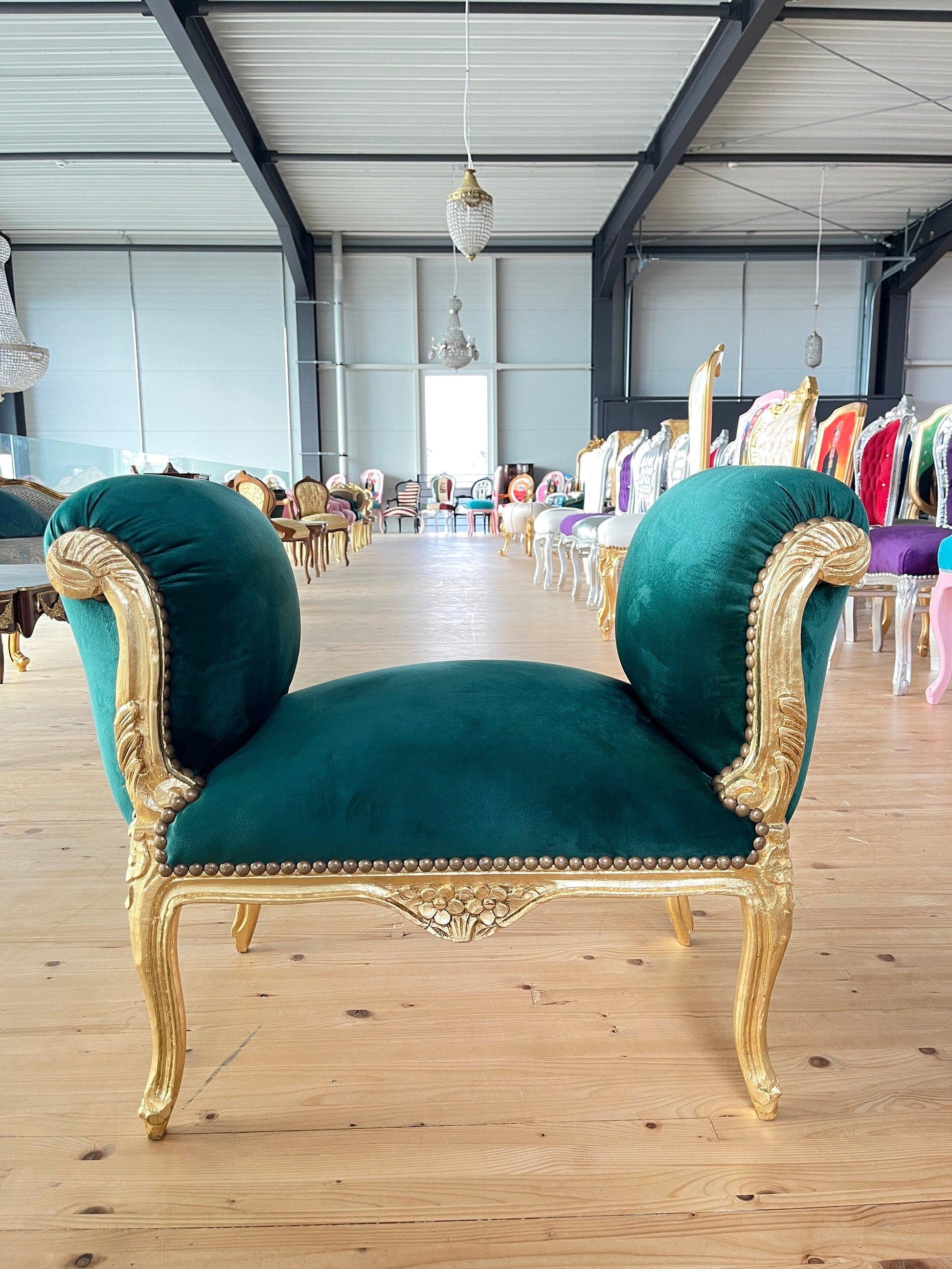 Ottoman French Louis XV Baroque Style Foot Stool Green Velvet in Gold Finish Frame for Home Decor