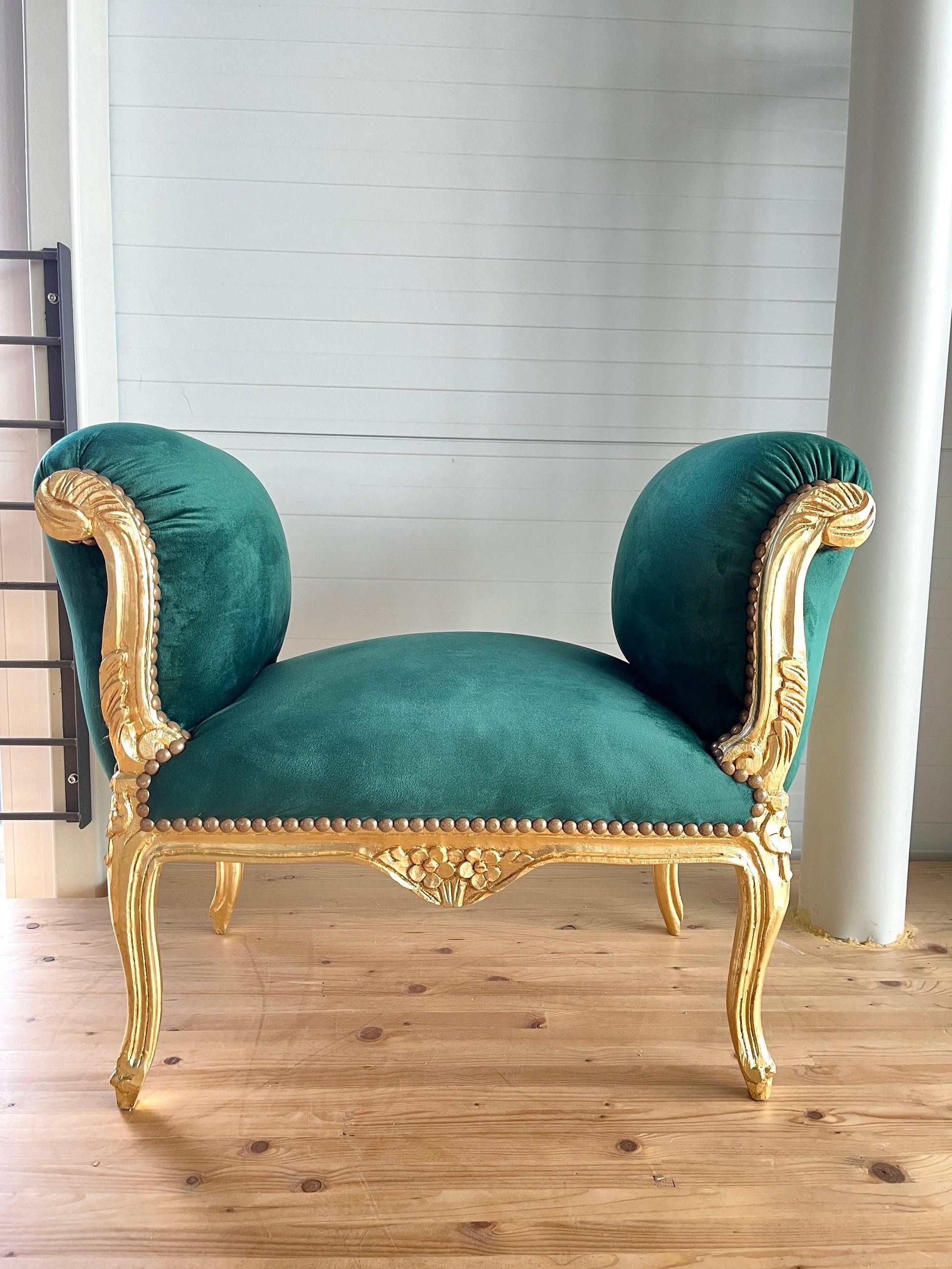 Ottoman French Louis XV Baroque Style Foot Stool Green Velvet in Gold Finish Frame for Home Decor