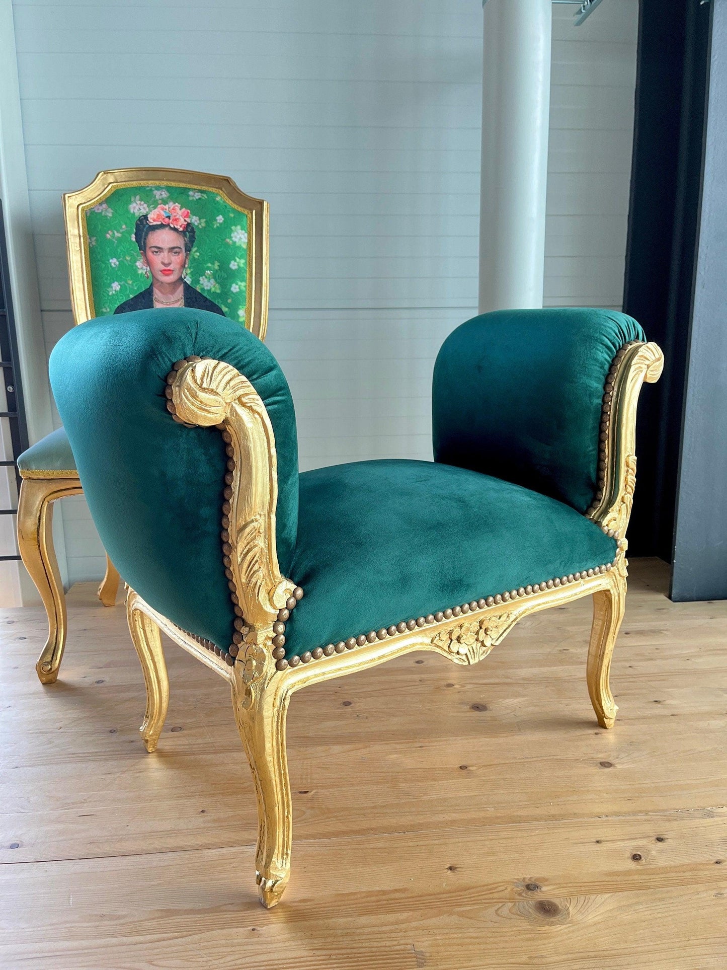 Ottoman French Louis XV Baroque Style Foot Stool Green Velvet in Gold Finish Frame for Home Decor