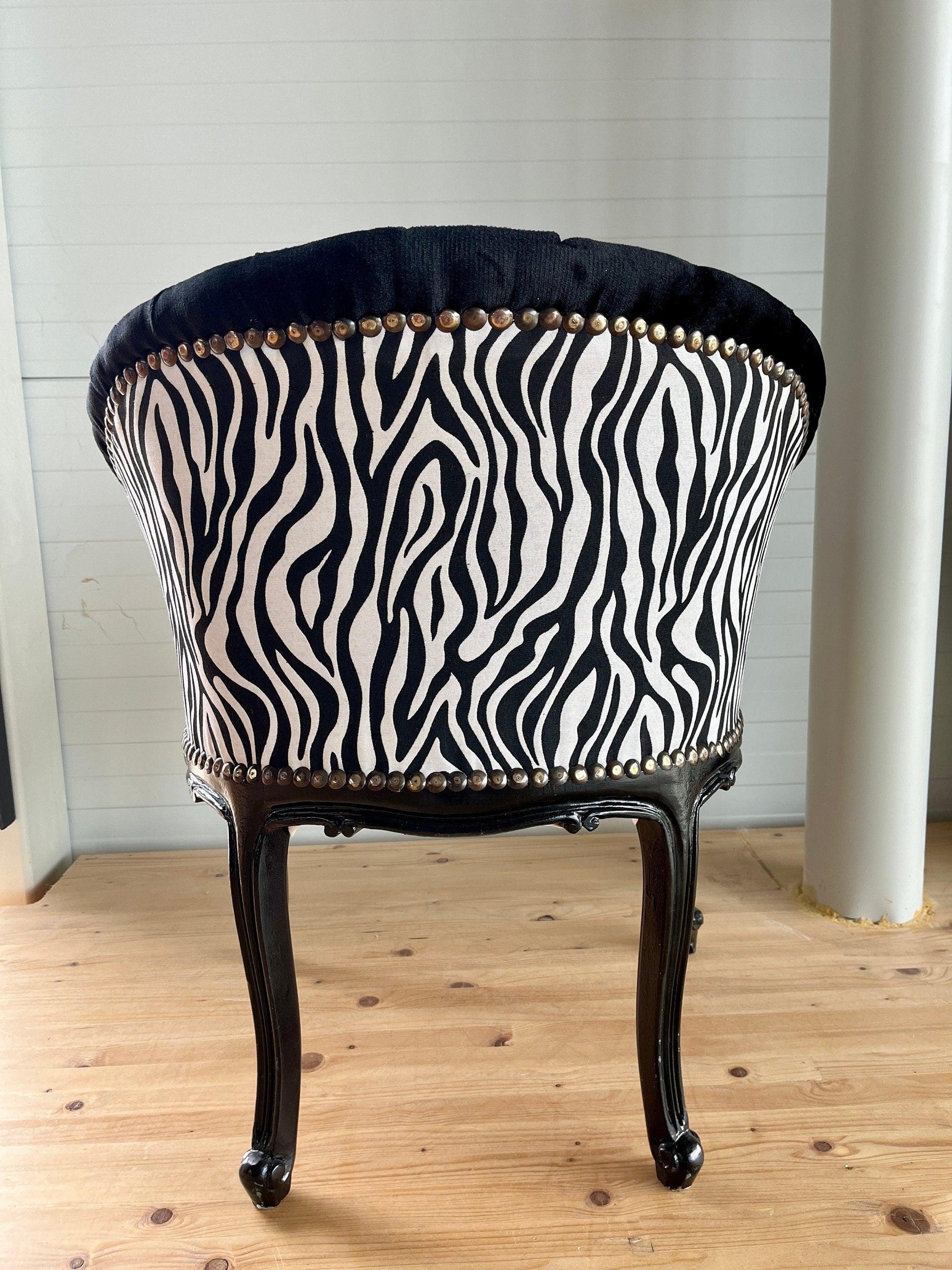 Cocktail Chair Tufted Velvet Black French Baroque Rococo Style in Jungle Zebra Print at Back Lounge Bar Chair in Tufted Velvet Black