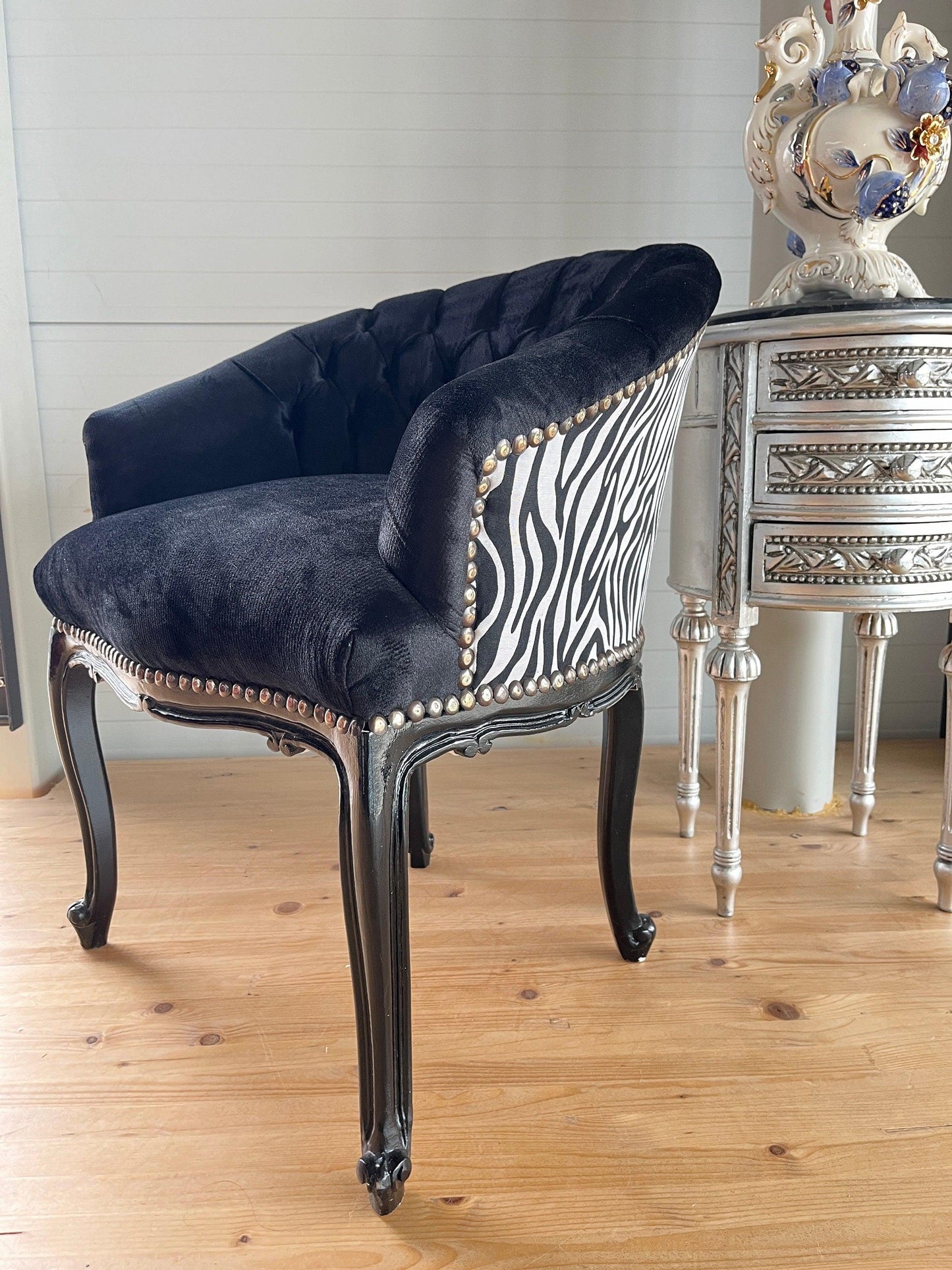 Cocktail Chair Tufted Velvet Black French Baroque Rococo Style in Jungle Zebra Print at Back Lounge Bar Chair in Tufted Velvet Black