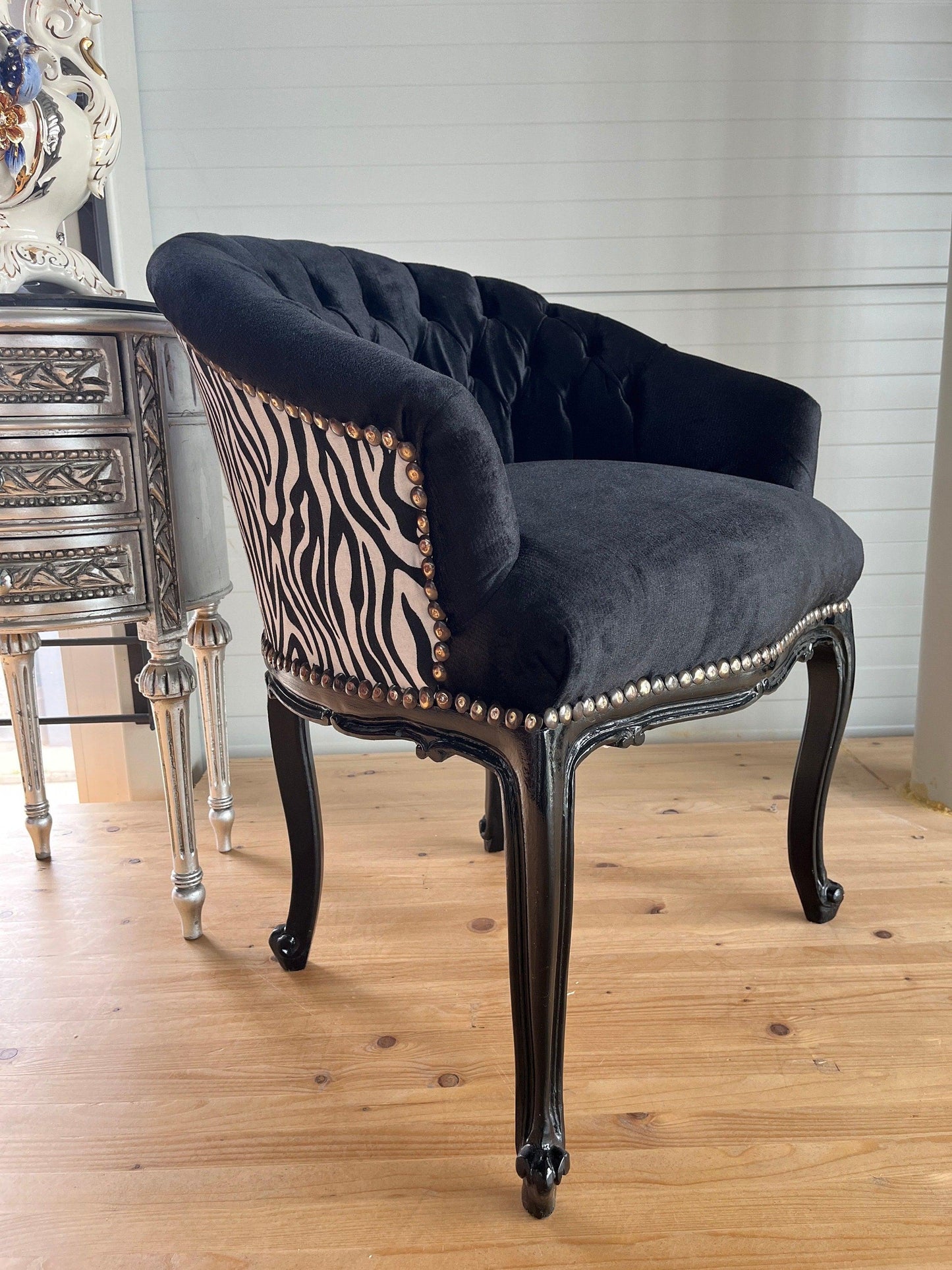 Cocktail Chair Tufted Velvet Black French Baroque Rococo Style in Jungle Zebra Print at Back Lounge Bar Chair in Tufted Velvet Black