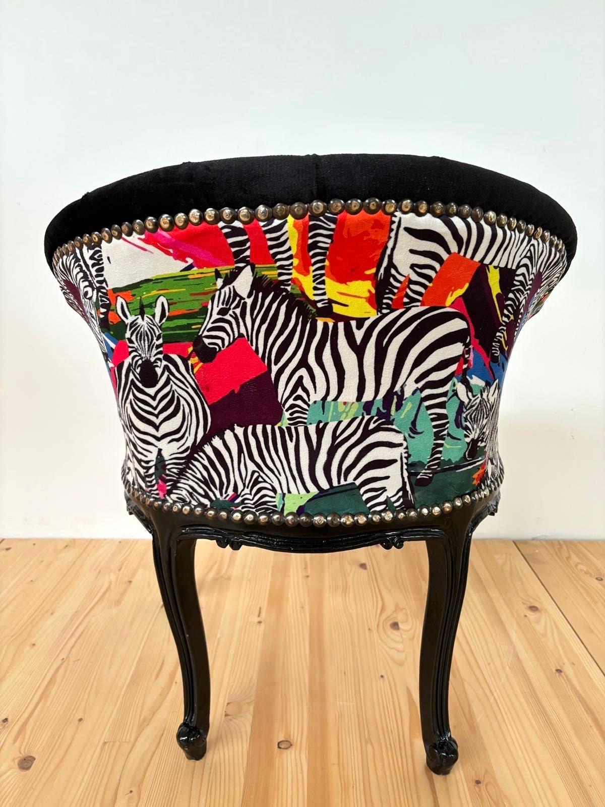 Cocktail Chair Tufted Velvet Black French Baroque Rococo Style in Jungle Zebra Print at Back Lounge Bar Chair in Tufted Velvet Black