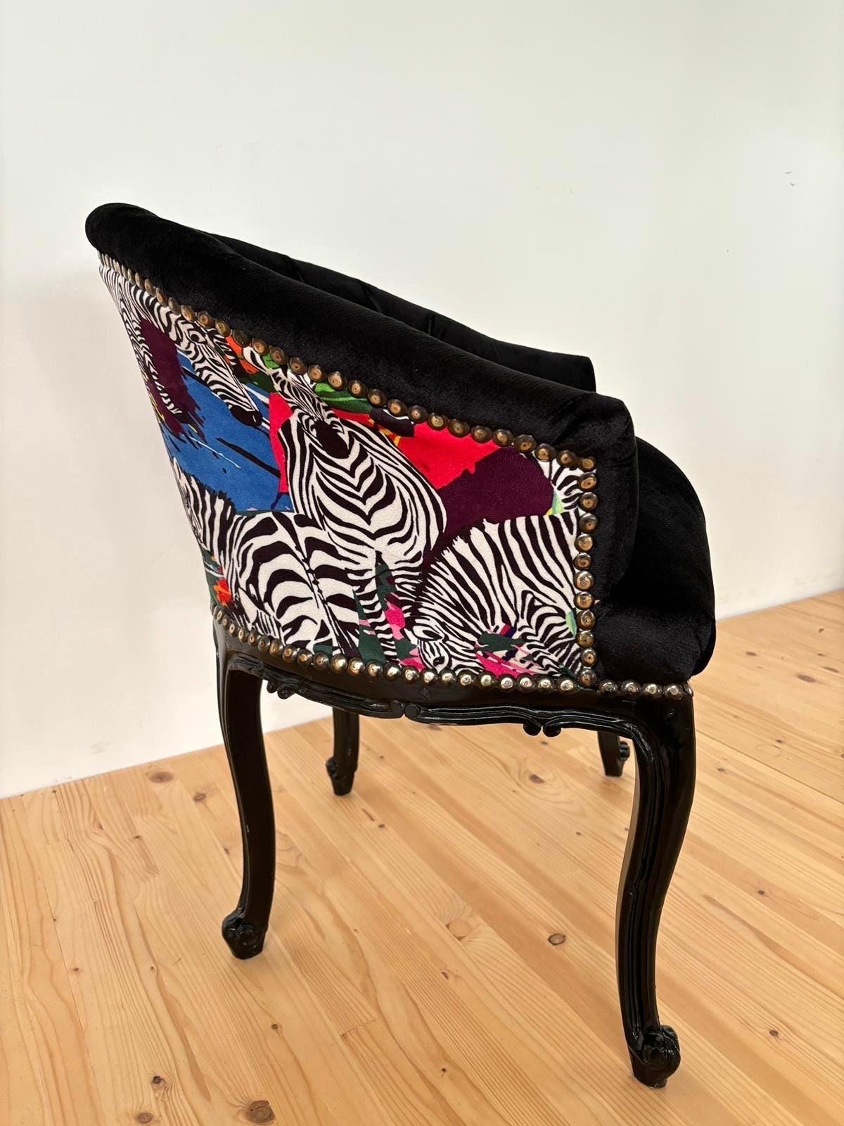 Cocktail Chair Tufted Velvet Black French Baroque Rococo Style in Jungle Zebra Print at Back Lounge Bar Chair in Tufted Velvet Black