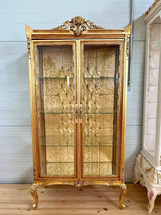 Display Cabinet Glass & Wood French Louis Style Showcase Antique Style Reproduction in Gold Finish Retro Baroque Style Display Cabinet
