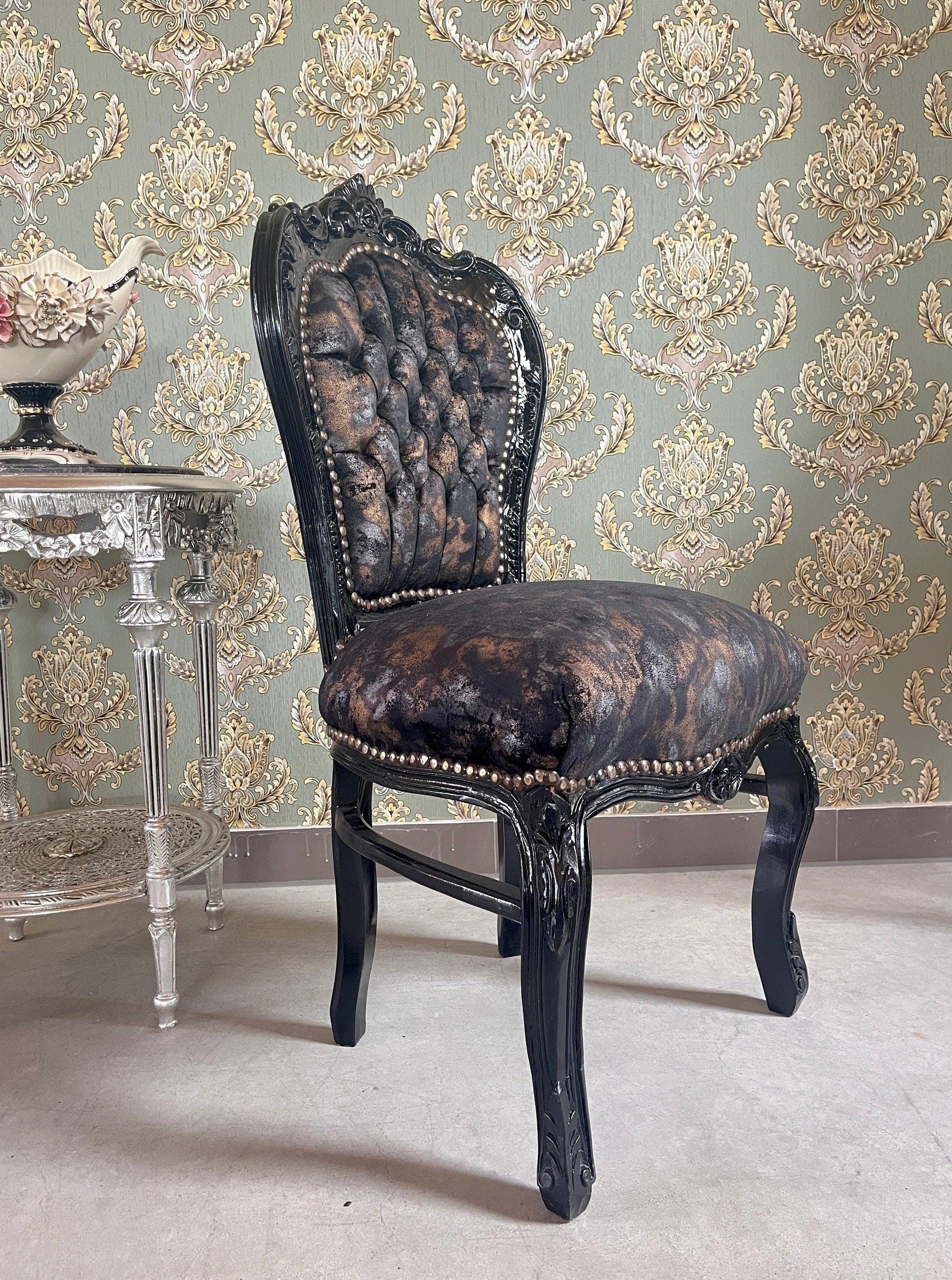 Accent Chair French Louis Style Dining Chair in Midnight Black Velvet Retro Baroque Rococo Style Chair in Brown Velvet for Home Décor