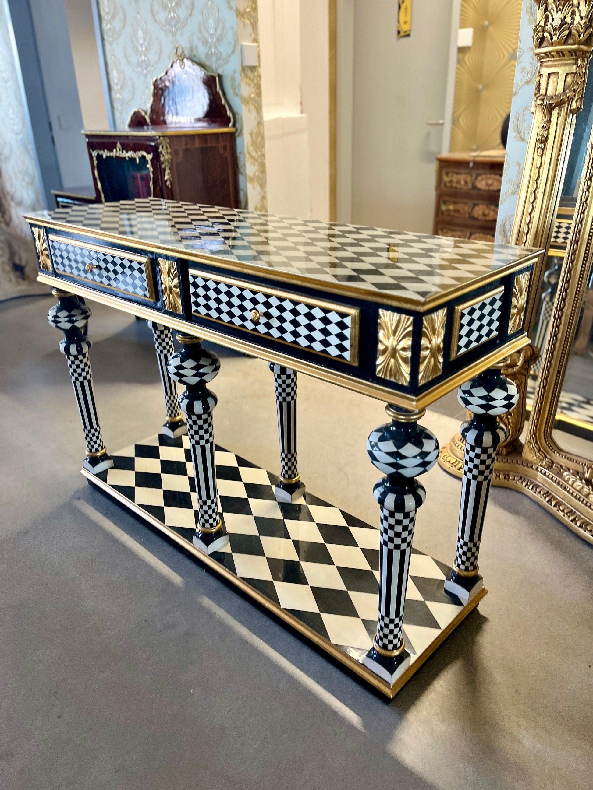 Art Décor Table Black Diamond Print Baroque Style Luxurious Desk Inlaid 2 Drawers in Black & White Color Bronze Handles - LIMITED EDITION