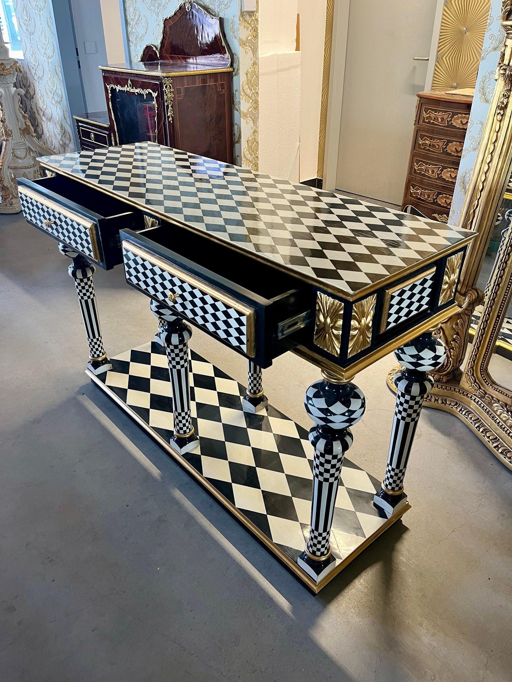 Art Décor Table Black Diamond Print Baroque Style Luxurious Desk Inlaid 2 Drawers in Black & White Color Bronze Handles - LIMITED EDITION