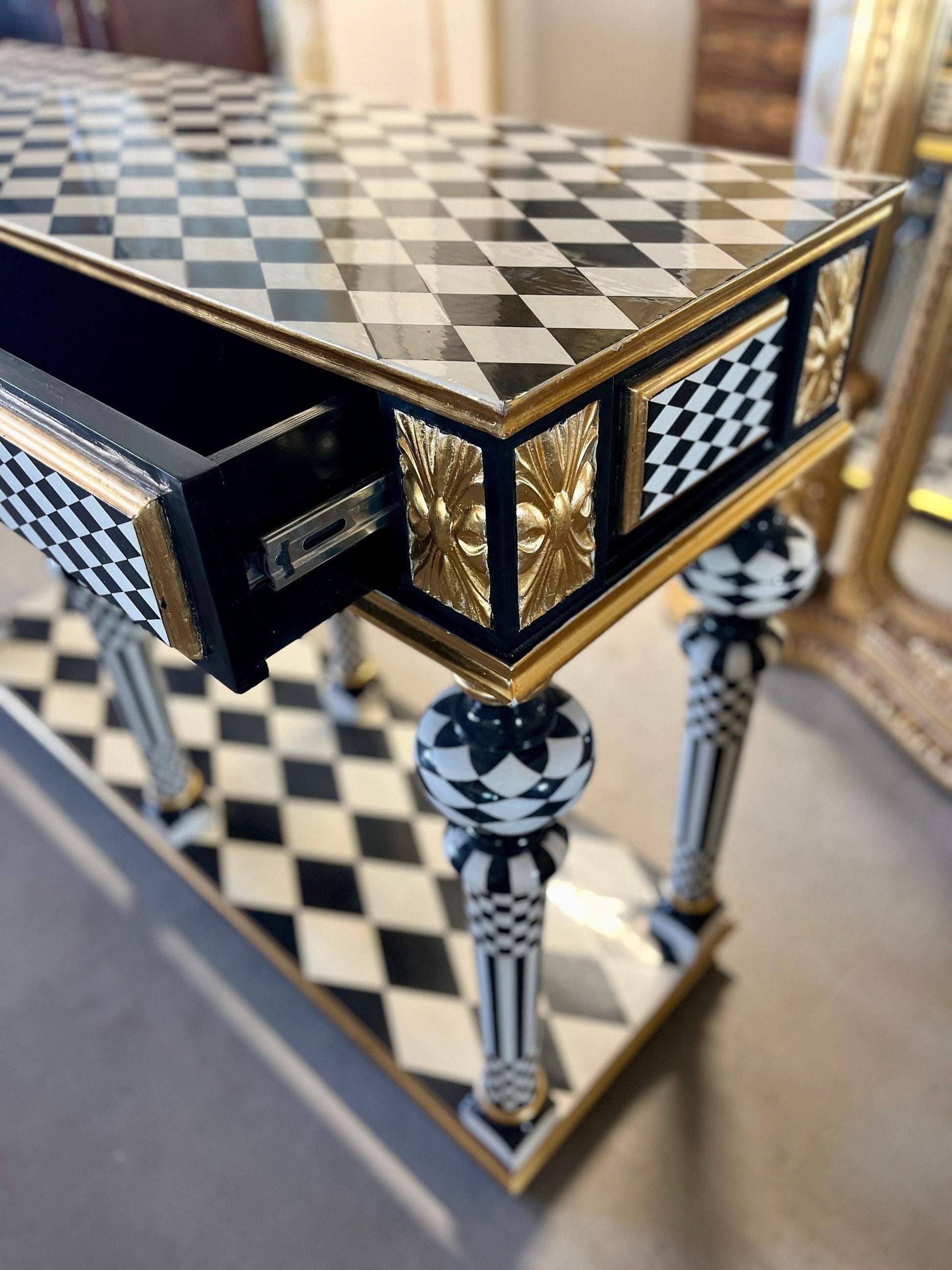 Art Décor Table Black Diamond Print Baroque Style Luxurious Desk Inlaid 2 Drawers in Black & White Color Bronze Handles - LIMITED EDITION