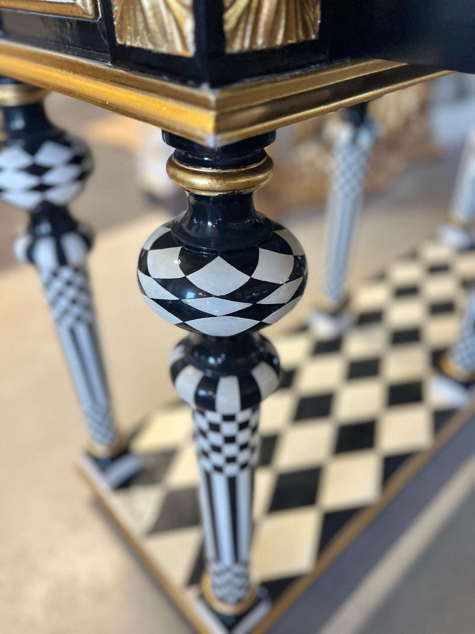 Art Décor Table Black Diamond Print Baroque Style Luxurious Desk Inlaid 2 Drawers in Black & White Color Bronze Handles - LIMITED EDITION