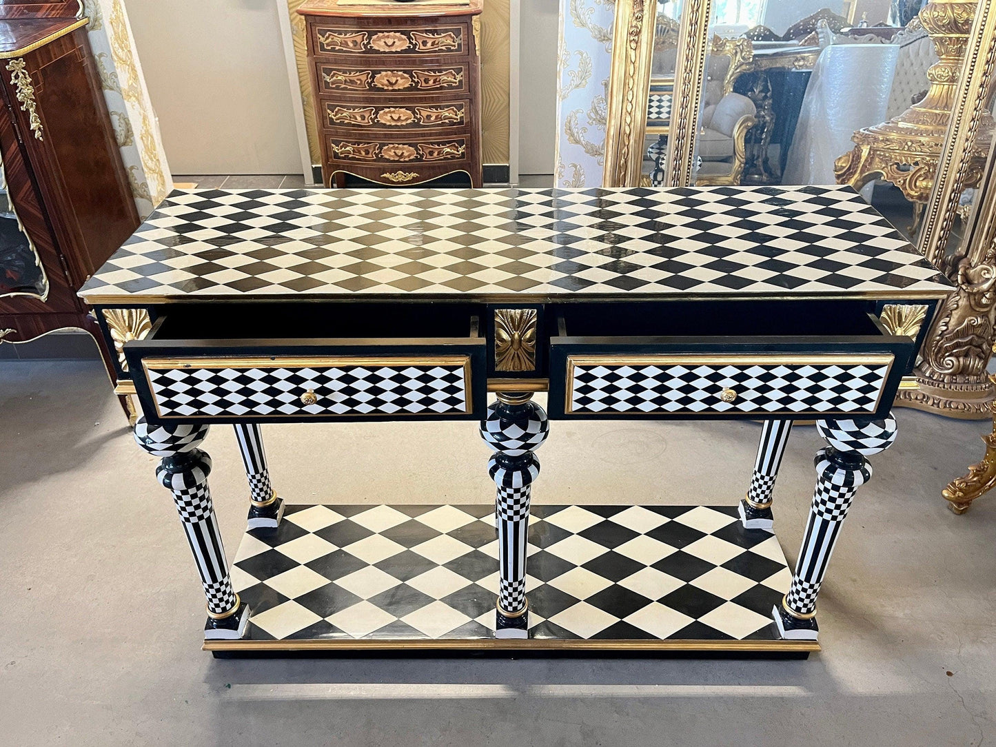 Art Décor Table Black Diamond Print Baroque Style Luxurious Desk Inlaid 2 Drawers in Black & White Color Bronze Handles - LIMITED EDITION