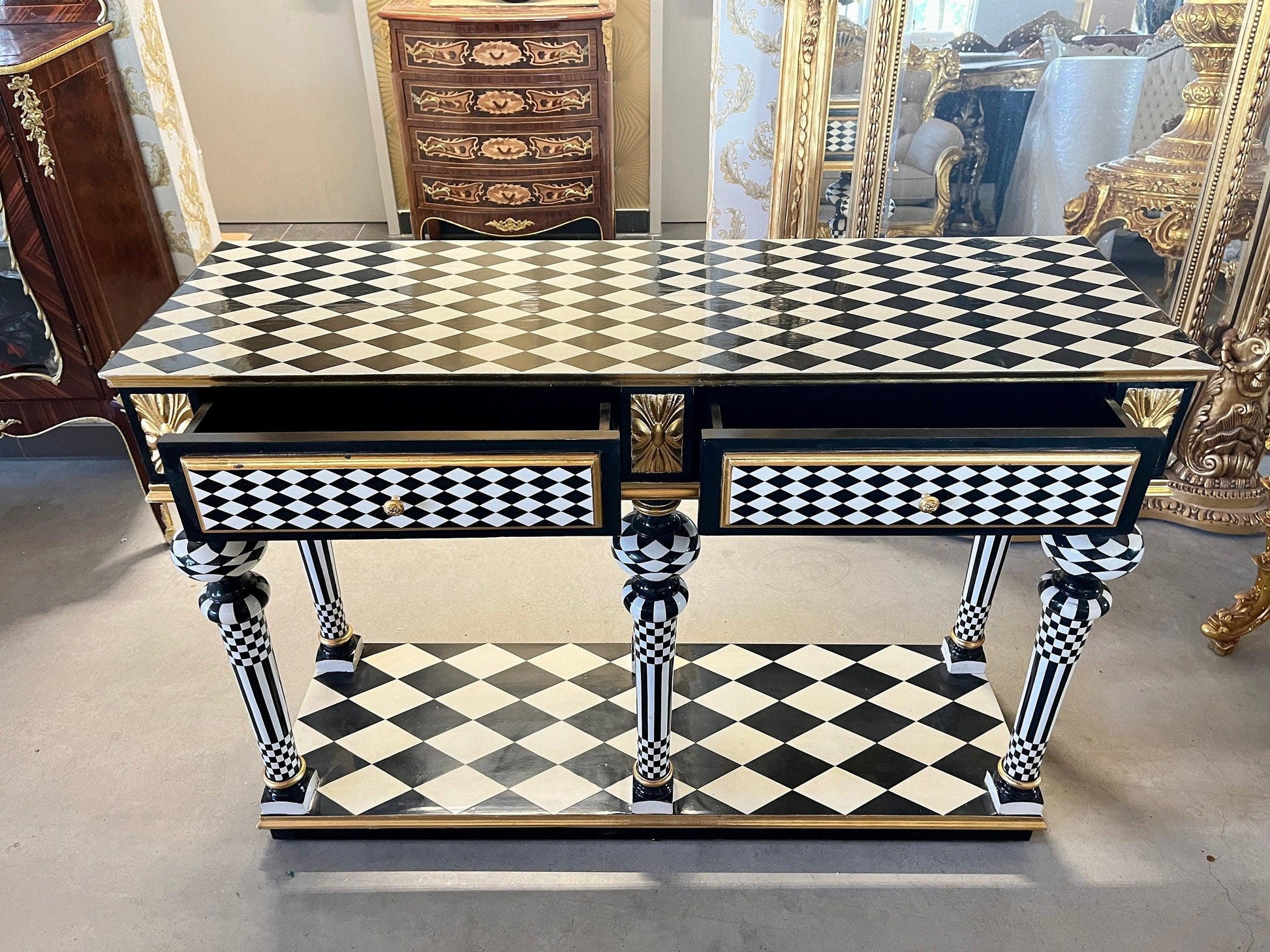 Art Décor Table Black Diamond Print Baroque Style Luxurious Desk Inlaid 2 Drawers in Black & White Color Bronze Handles - LIMITED EDITION