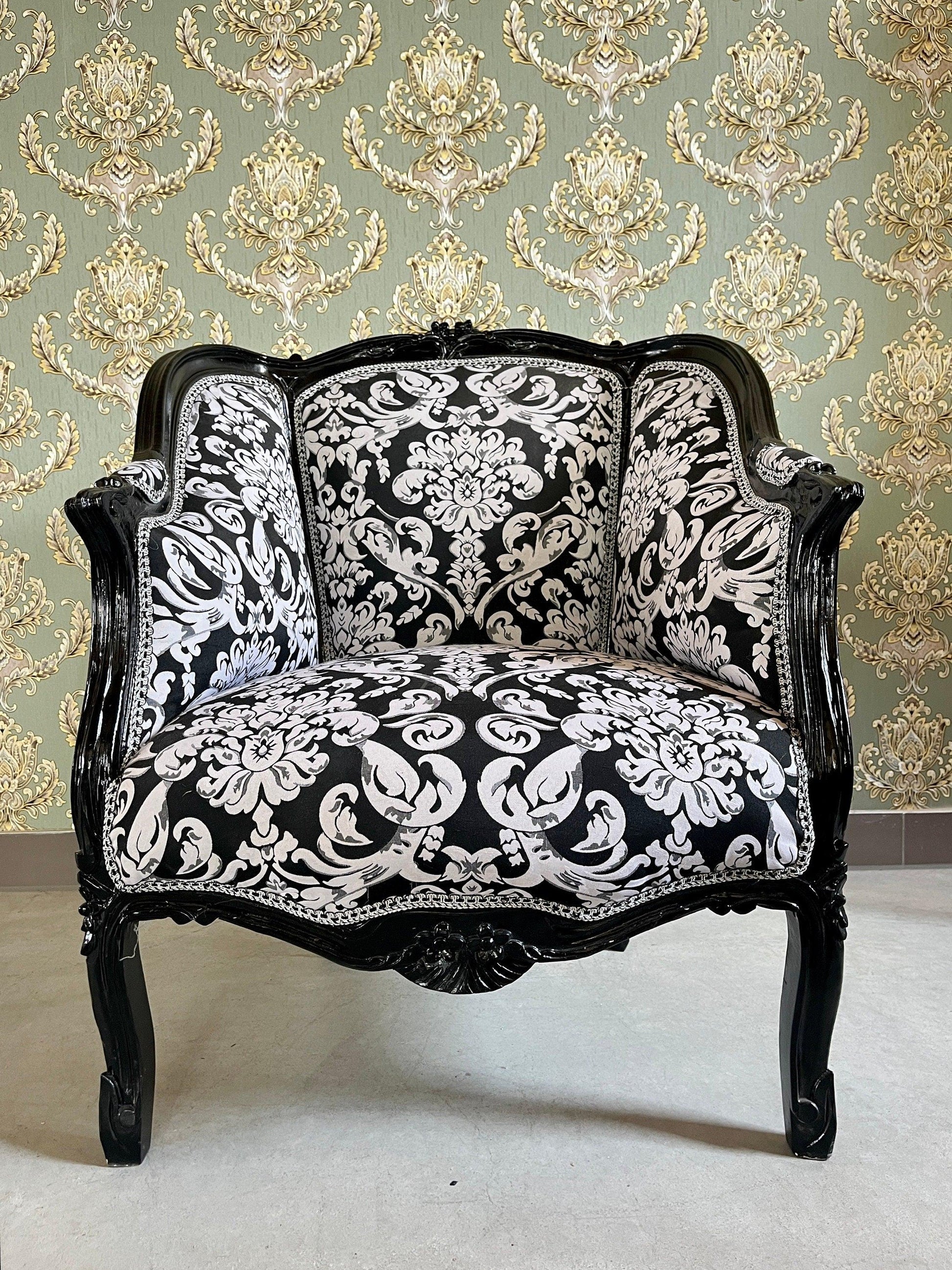 Armchair French Louis Style Shell Shape Chair Nostalgic Baroque Style in Black Floral Lounge Chair for Home Decor