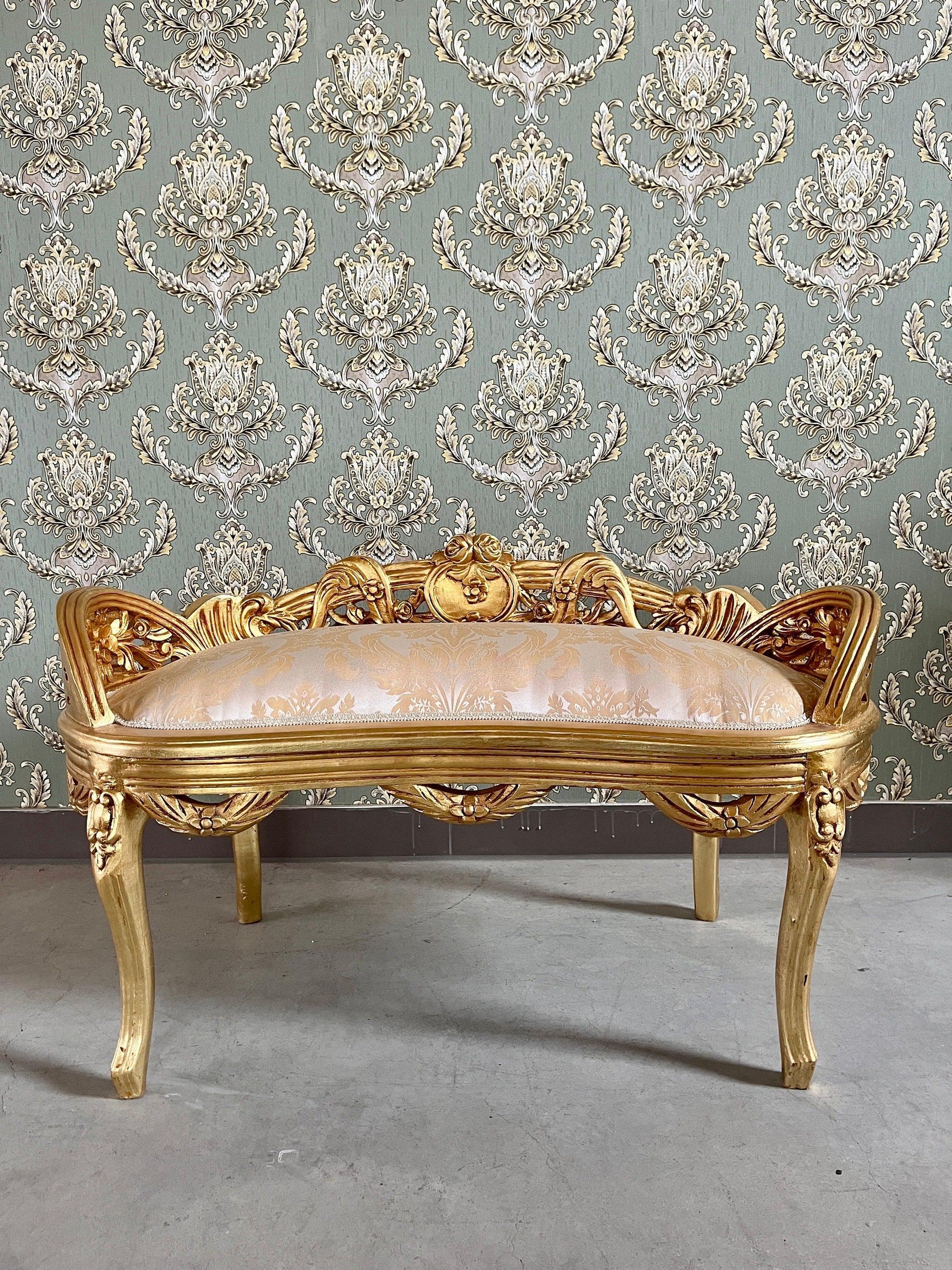 Small Bench French Louis Gold Stool Retro Baroque Rococo Style Ottoman in Ivory Colour Gold Finish for Home Décor Bench for Wedding Event