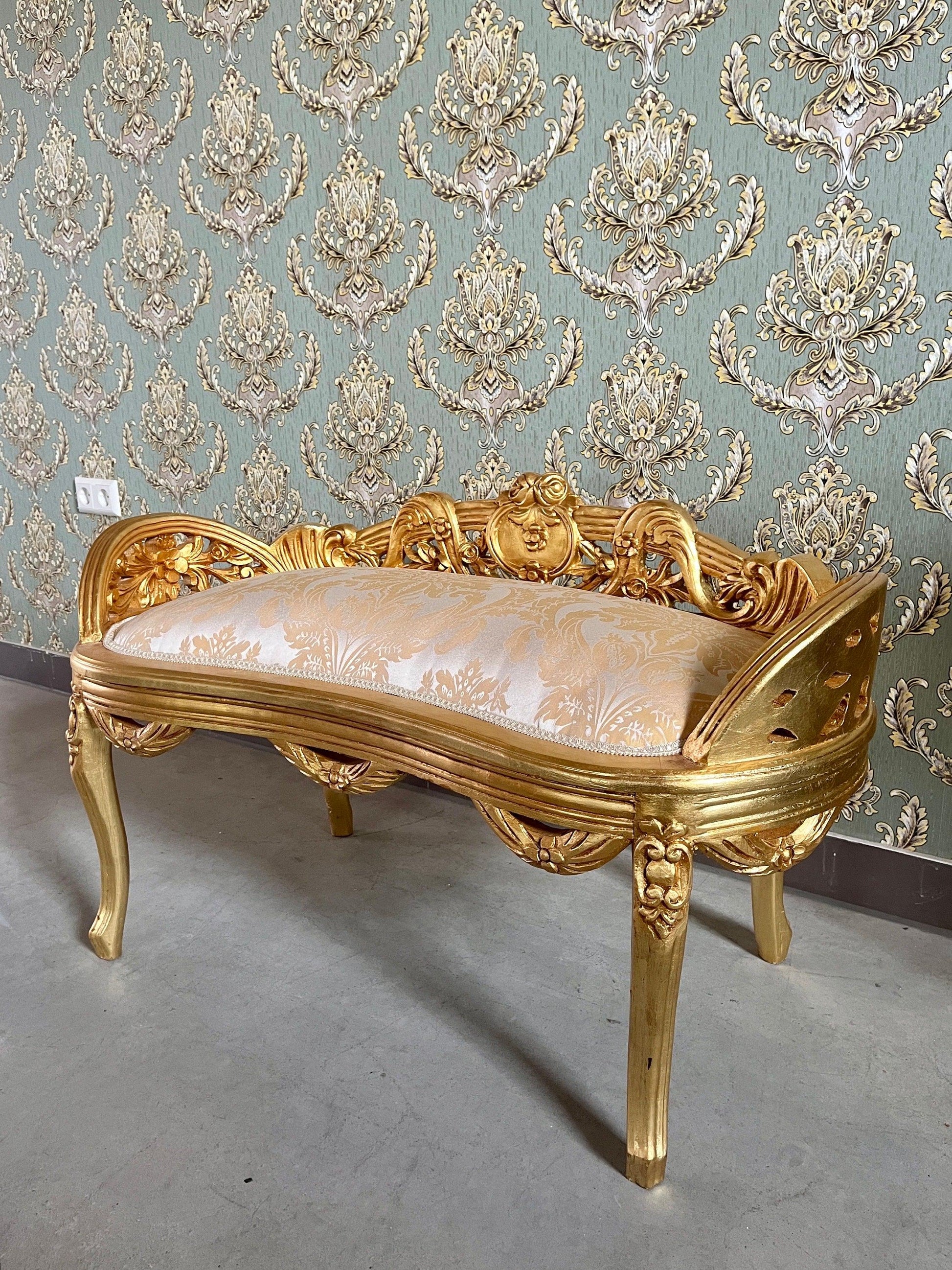Small Bench French Louis Gold Stool Retro Baroque Rococo Style Ottoman in Ivory Colour Gold Finish for Home Décor Bench for Wedding Event