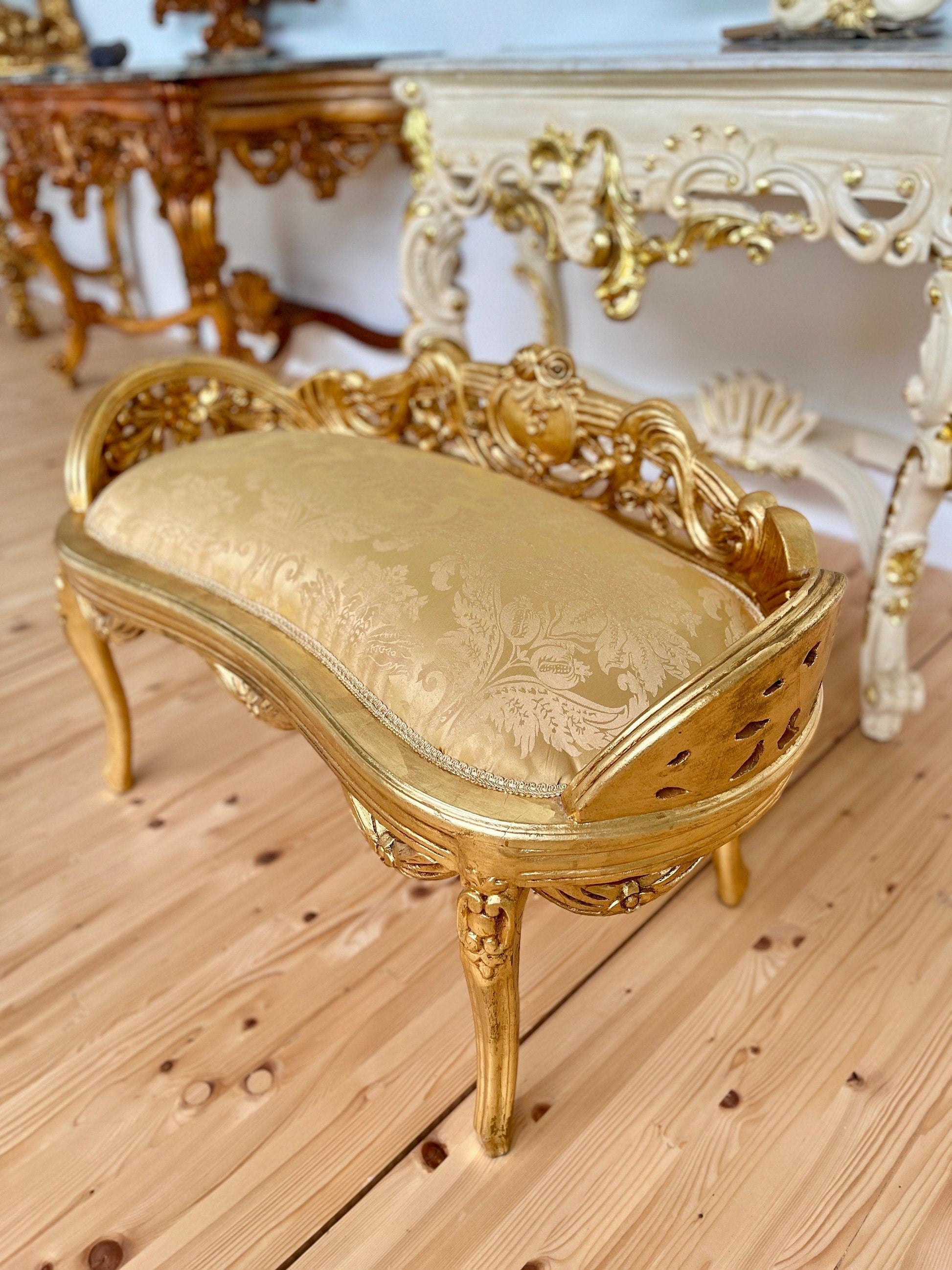 Small Bench French Louis Gold Stool Retro Baroque Rococo Style Ottoman in Ivory Colour Gold Finish for Home Décor Bench for Wedding Event