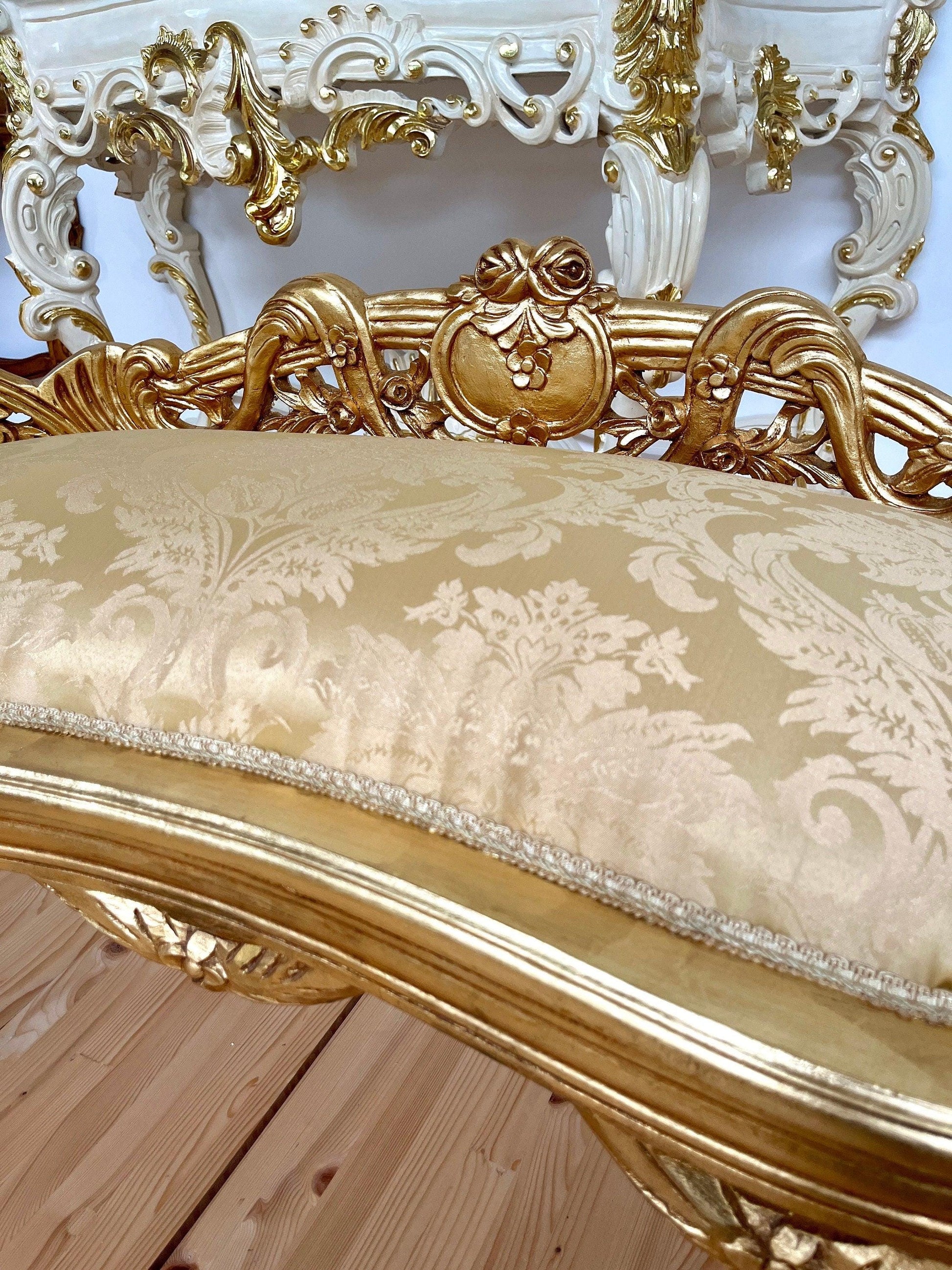 Small Bench French Louis Gold Stool Retro Baroque Rococo Style Ottoman in Ivory Colour Gold Finish for Home Décor Bench for Wedding Event