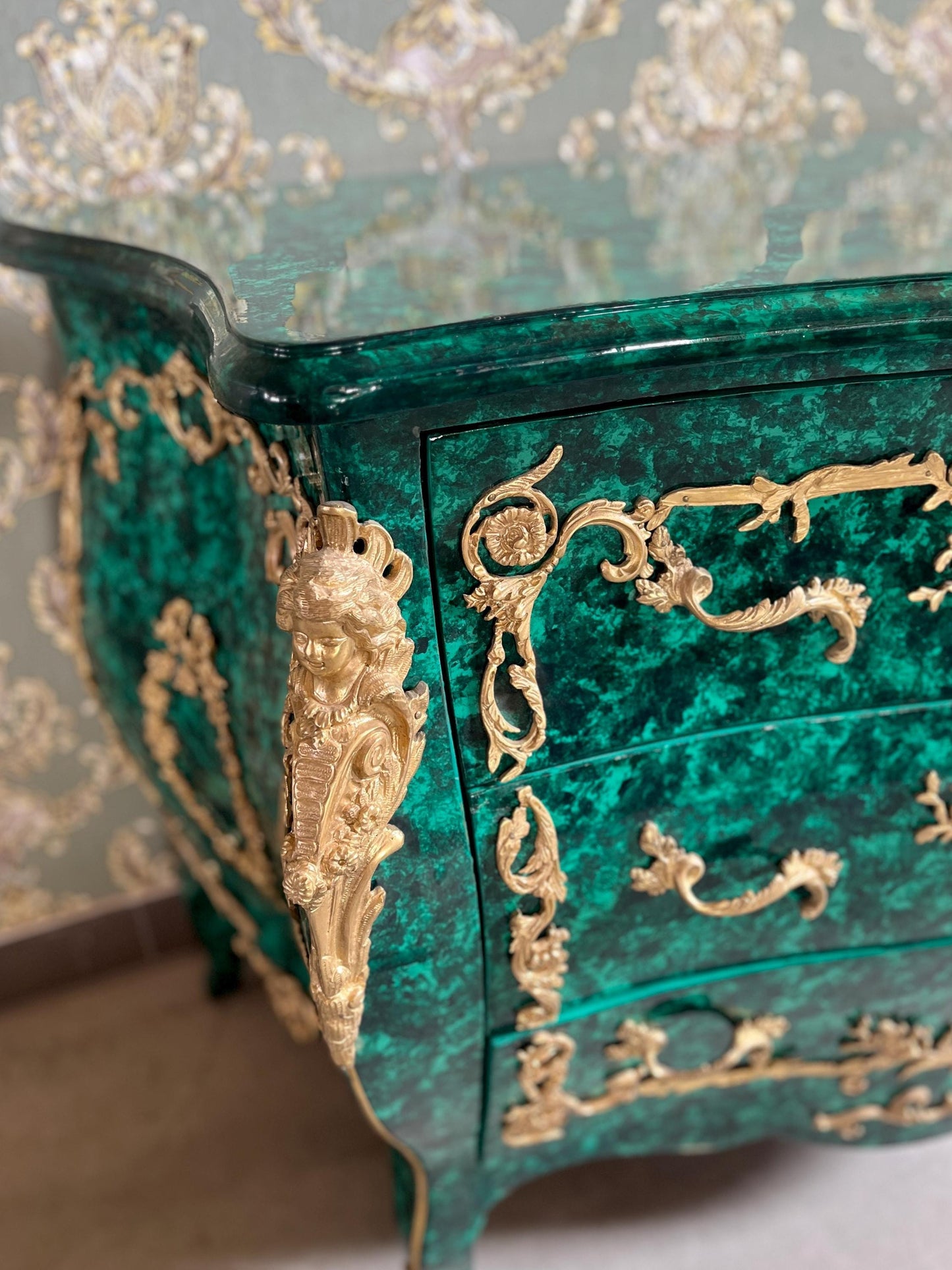 Deluxe Chest of Drawer Louis XV Style in Emerald Green Antique Royal Style Dresser with Bronze Ornaments for Bedroom Decor- LIMITED EDITION