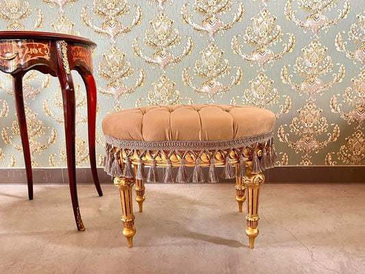 Velvet Pouf French Baroque Style Oval Ottoman With Fringe In Ivory Flower Pattern In Camel Velvet Footstool In Gold Finish