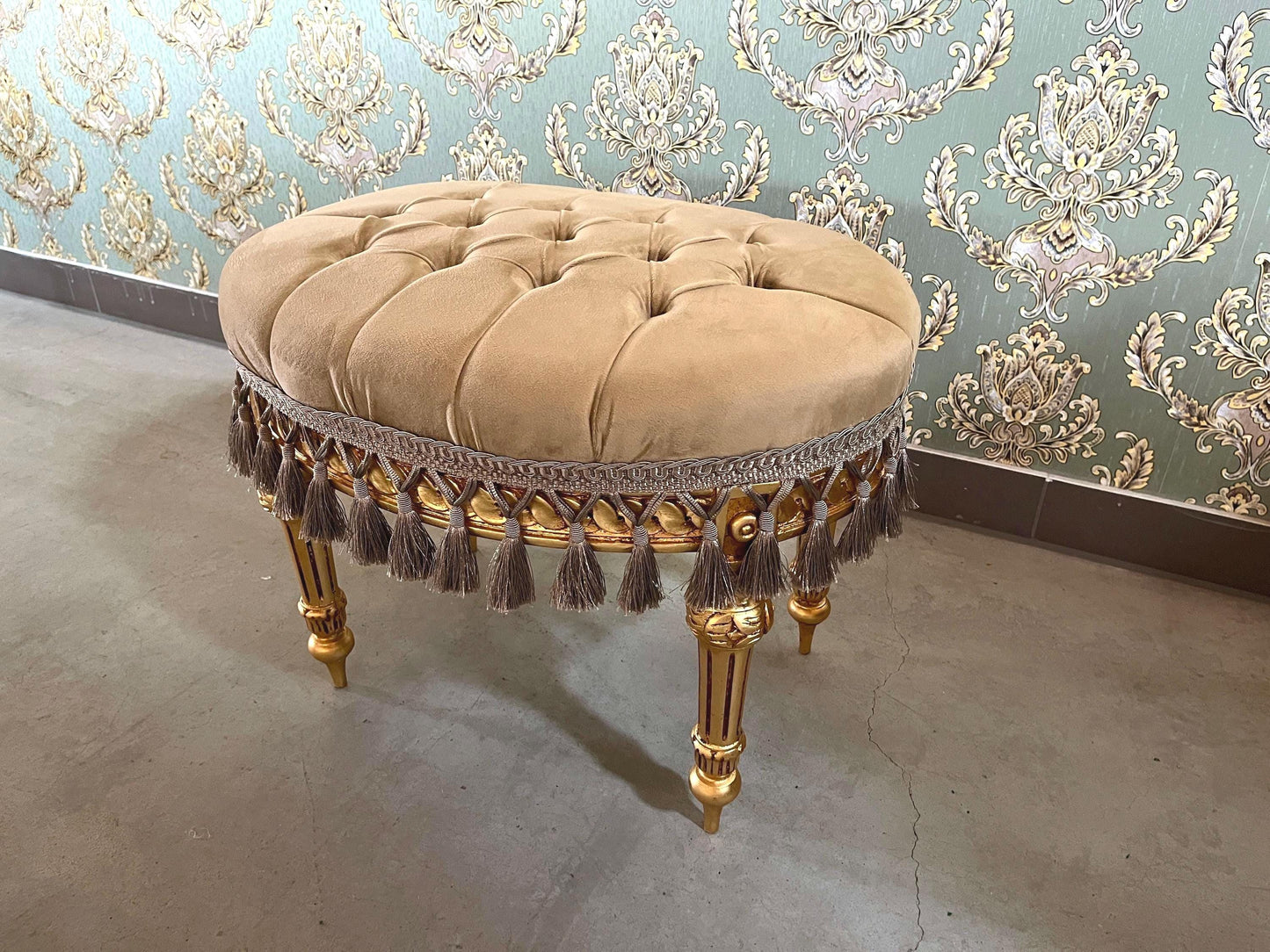 Velvet Pouf French Baroque Style Oval Ottoman With Fringe In Ivory Flower Pattern In Camel Velvet Footstool In Gold Finish