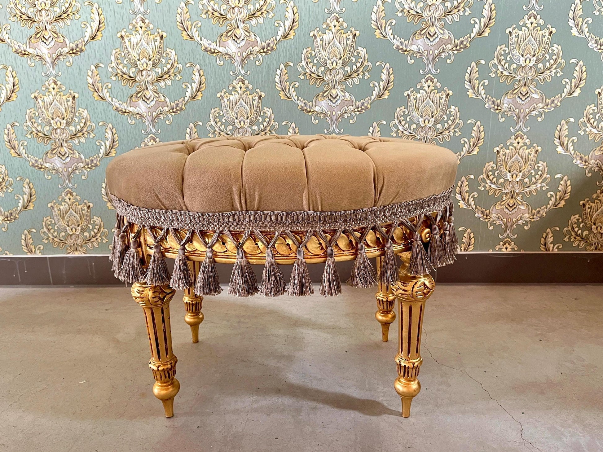 Velvet Pouf French Baroque Style Oval Ottoman With Fringe In Ivory Flower Pattern In Camel Velvet Footstool In Gold Finish