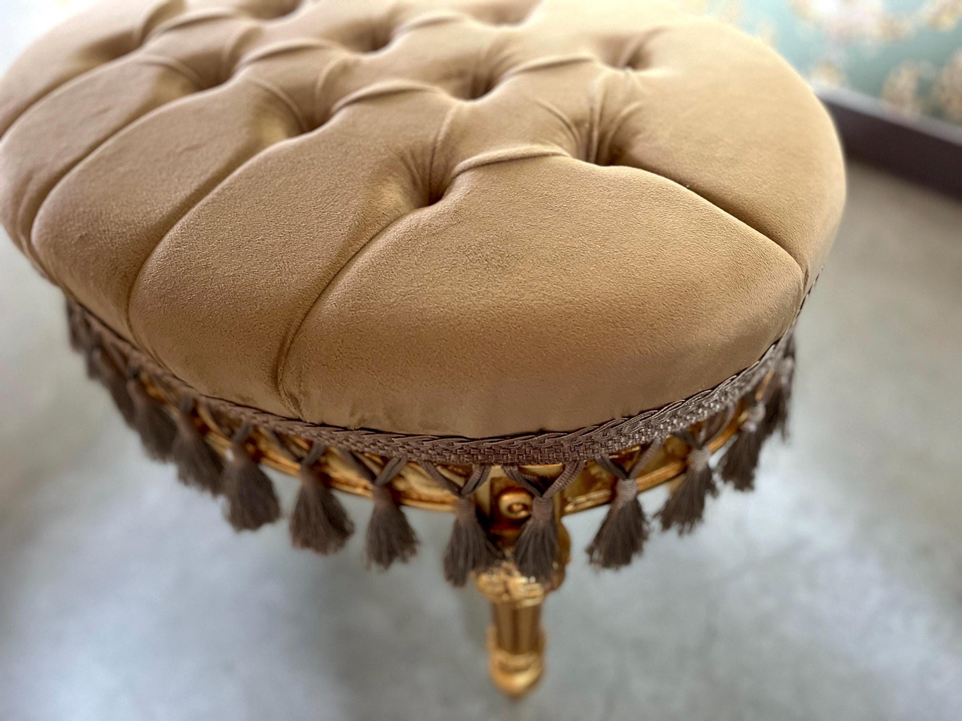 Velvet Pouf French Baroque Style Oval Ottoman With Fringe In Ivory Flower Pattern In Camel Velvet Footstool In Gold Finish