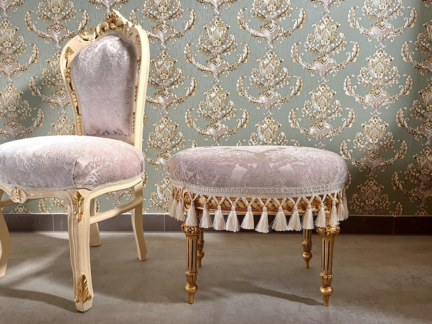 Velvet Pouf French Baroque Style Oval Ottoman With Fringe In Ivory Flower Pattern In Camel Velvet Footstool In Gold Finish