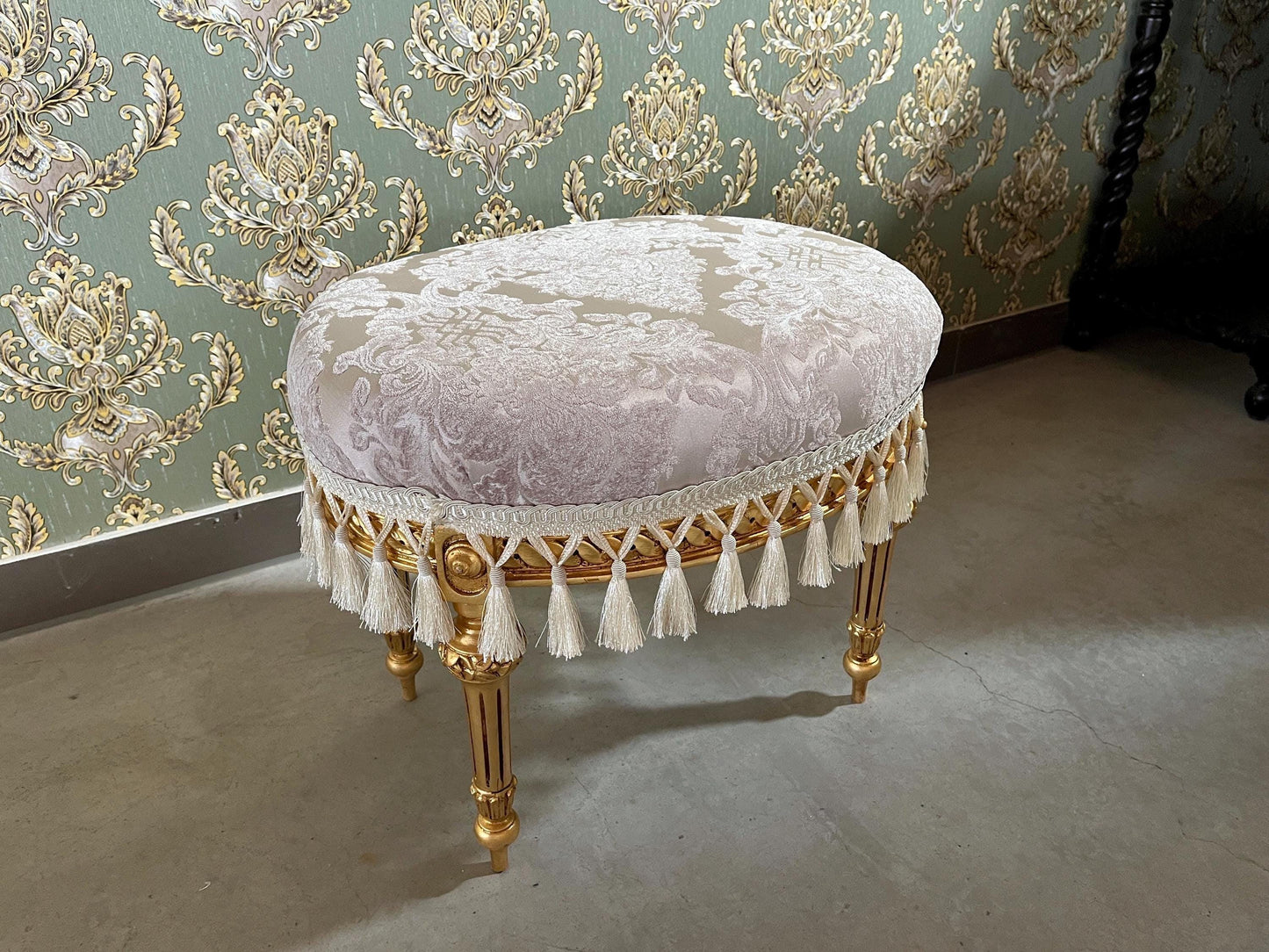 Velvet Pouf French Baroque Style Oval Ottoman With Fringe In Ivory Flower Pattern In Camel Velvet Footstool In Gold Finish