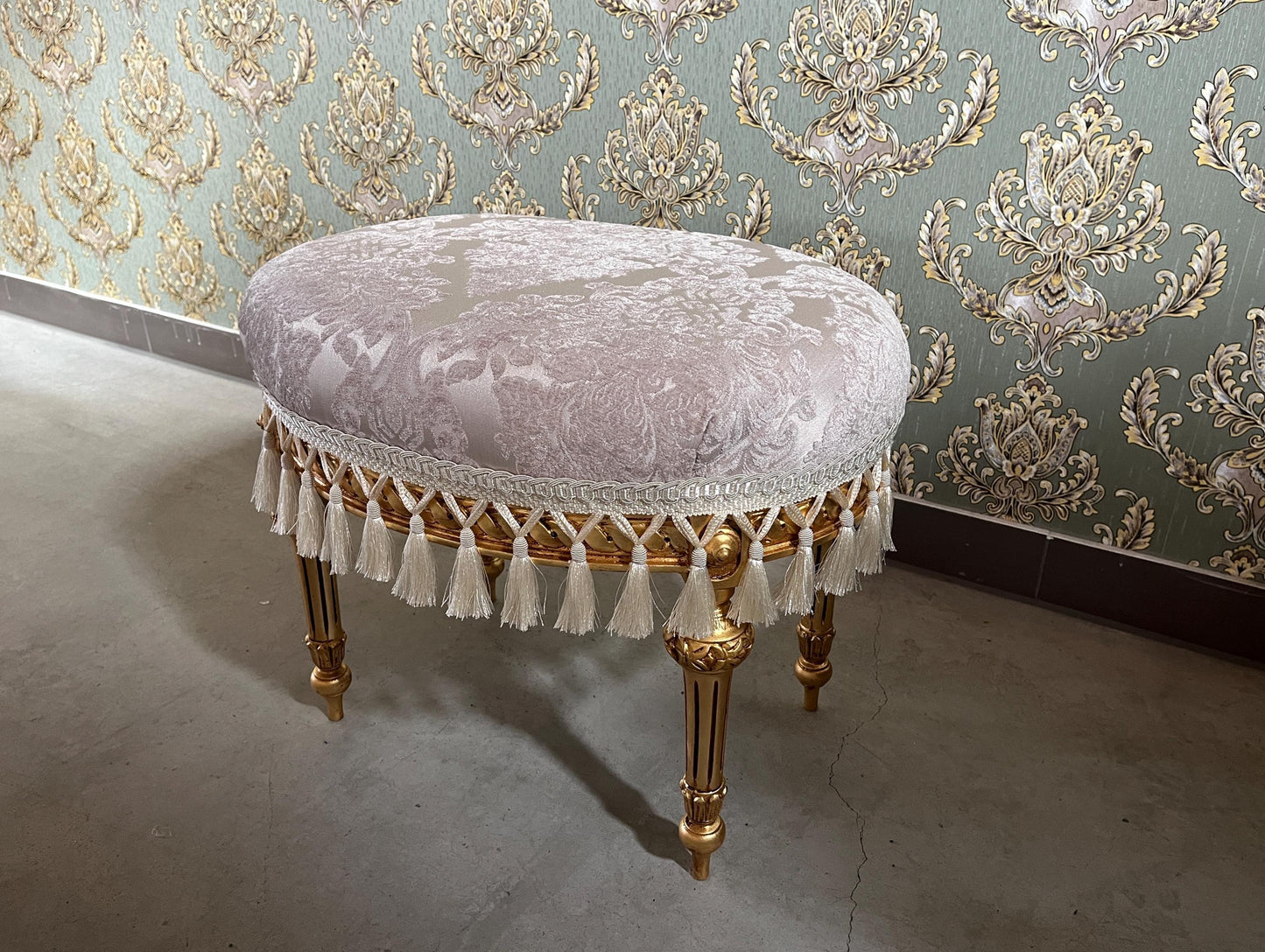 Velvet Pouf French Baroque Style Oval Ottoman With Fringe In Ivory Flower Pattern In Camel Velvet Footstool In Gold Finish