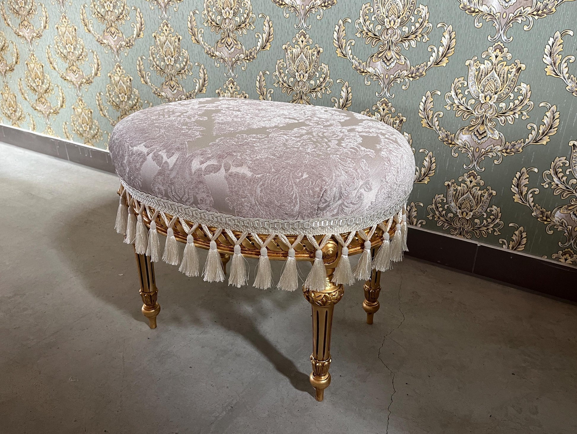 Velvet Pouf French Baroque Style Oval Ottoman With Fringe In Ivory Flower Pattern In Camel Velvet Footstool In Gold Finish