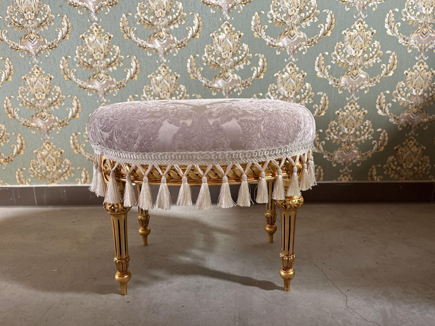 Velvet Pouf French Baroque Style Oval Ottoman With Fringe In Ivory Flower Pattern In Camel Velvet Footstool In Gold Finish