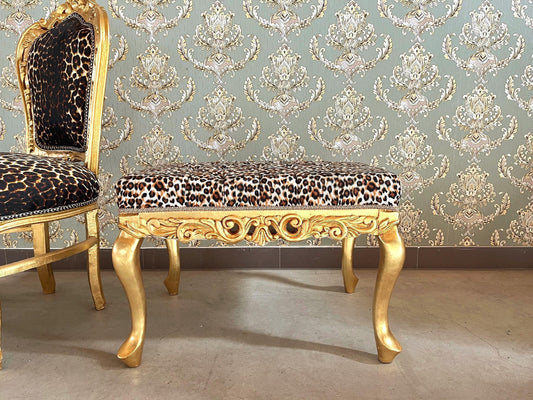 Small Square Bench Retro Baroque Rococo Style Ottoman in Leopard Print Velvet in Gold Finish for Furniture Gift Home Decor