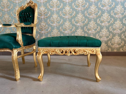 Small Bench Retro Baroque Rococo Style Ottoman in Xmas Green Velvet Gold Finish for Furniture Home Gift Xmas Gift for Home Decor
