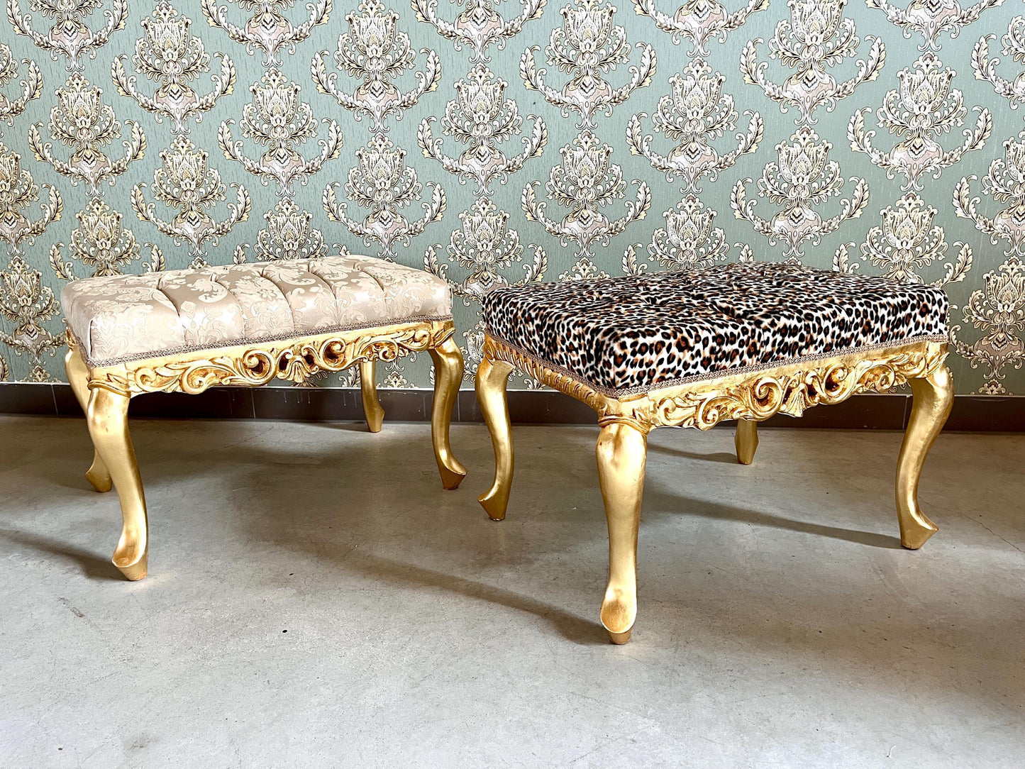 Small Square Bench Retro Baroque Rococo Style Ottoman in Leopard Print Velvet in Gold Finish for Furniture Gift Home Decor
