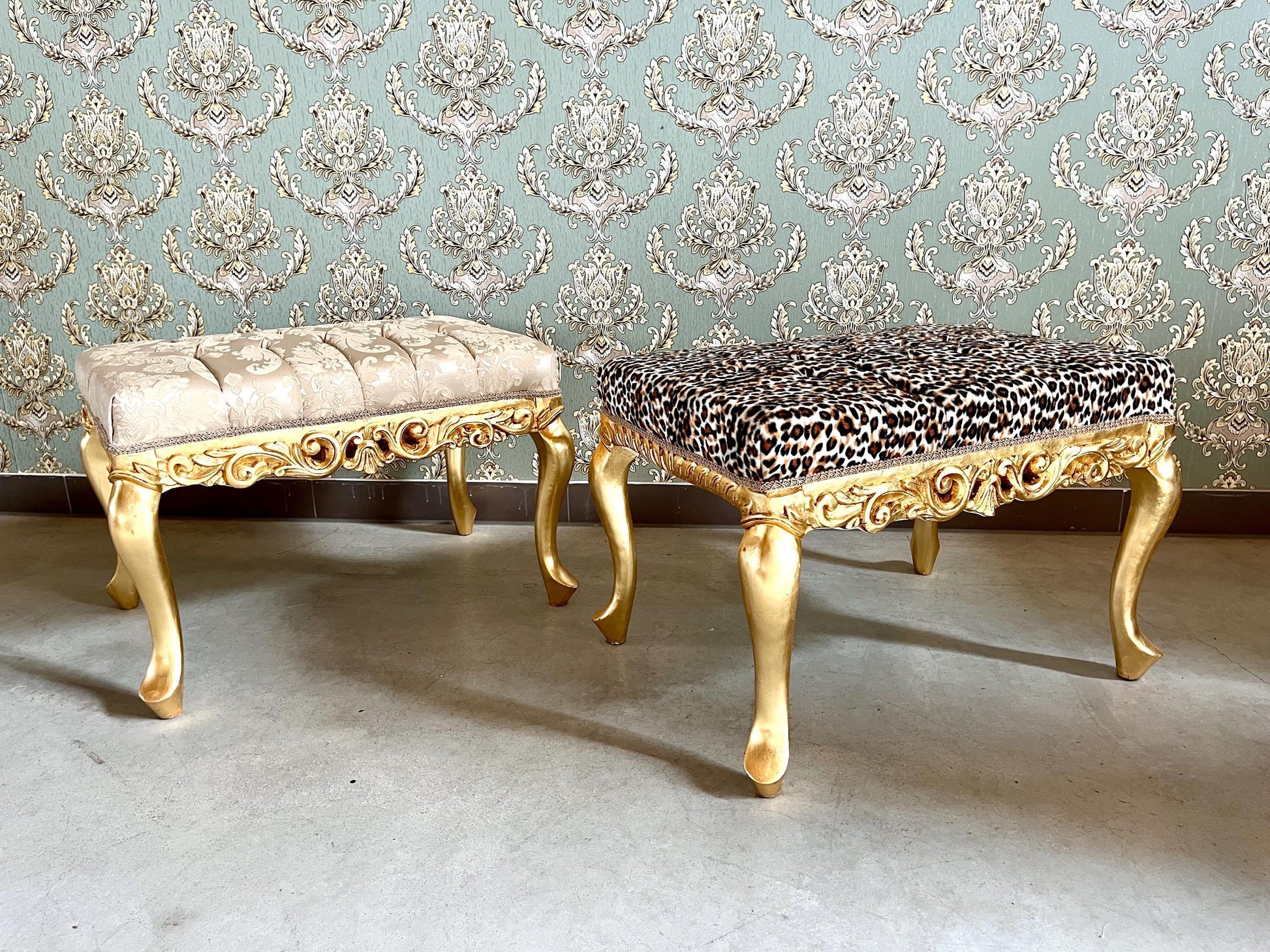 Small Square Bench Retro Baroque Rococo Style Ottoman in Leopard Print Velvet in Gold Finish for Furniture Gift Home Decor