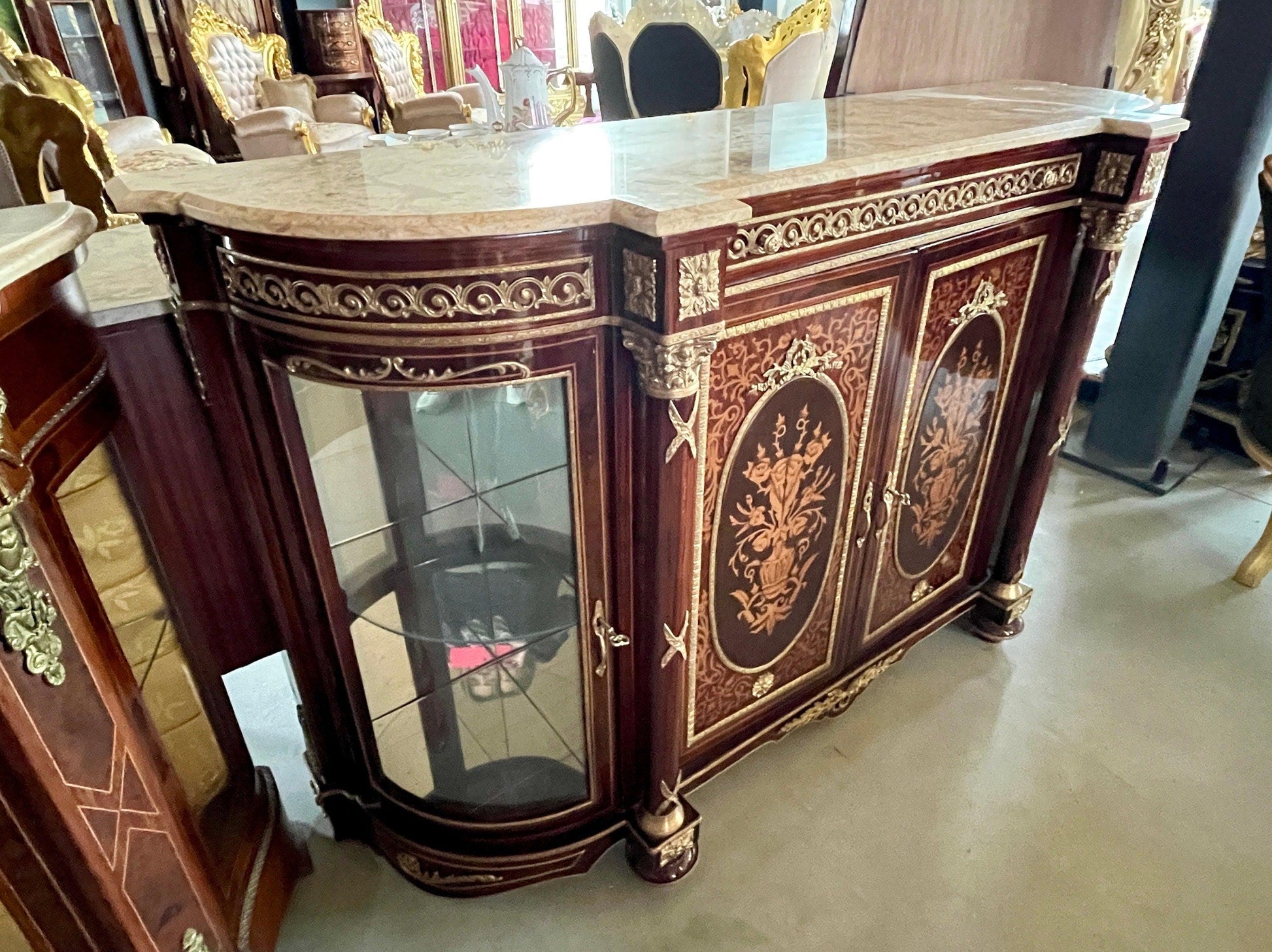 Wooden Cabinet in Nostalgic French Antique Style with Marble Slab at Top Display Cabinet Retro Baroque Style Glass Showcase Cabinet