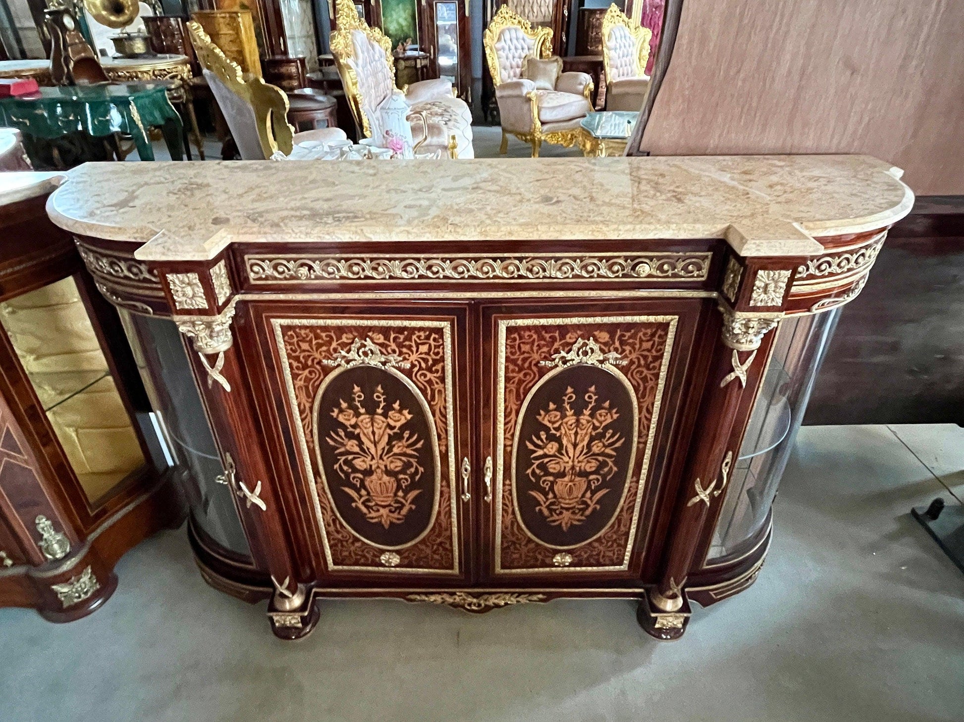 Wooden Cabinet in Nostalgic French Antique Style with Marble Slab at Top Display Cabinet Retro Baroque Style Glass Showcase Cabinet