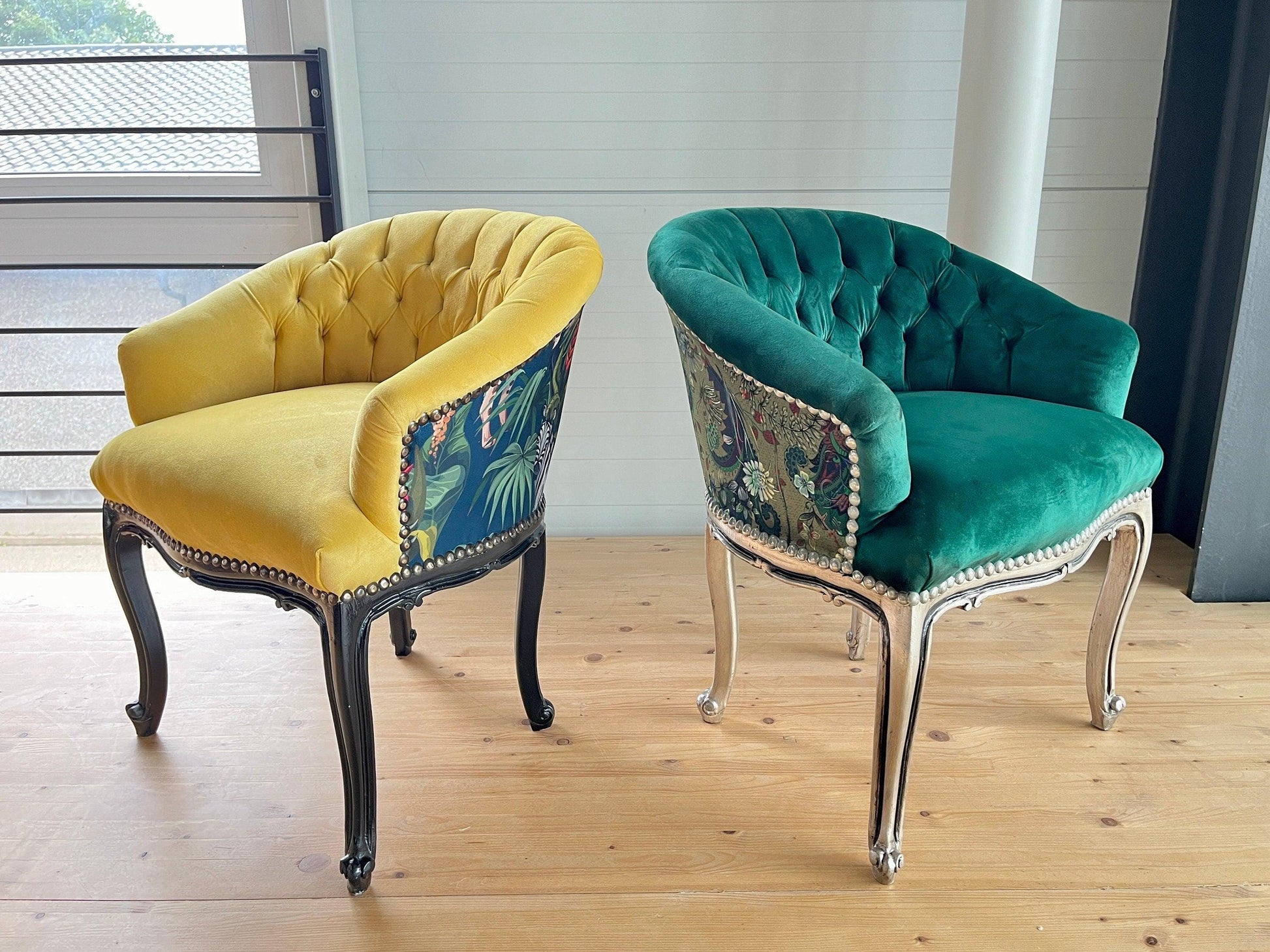 Cocktail Chair Tufted Velvet French Baroque Rococo Style in Animal Jungle Print at Back Bar Chair Velvet Yellow Velvet Green Lounge Chair