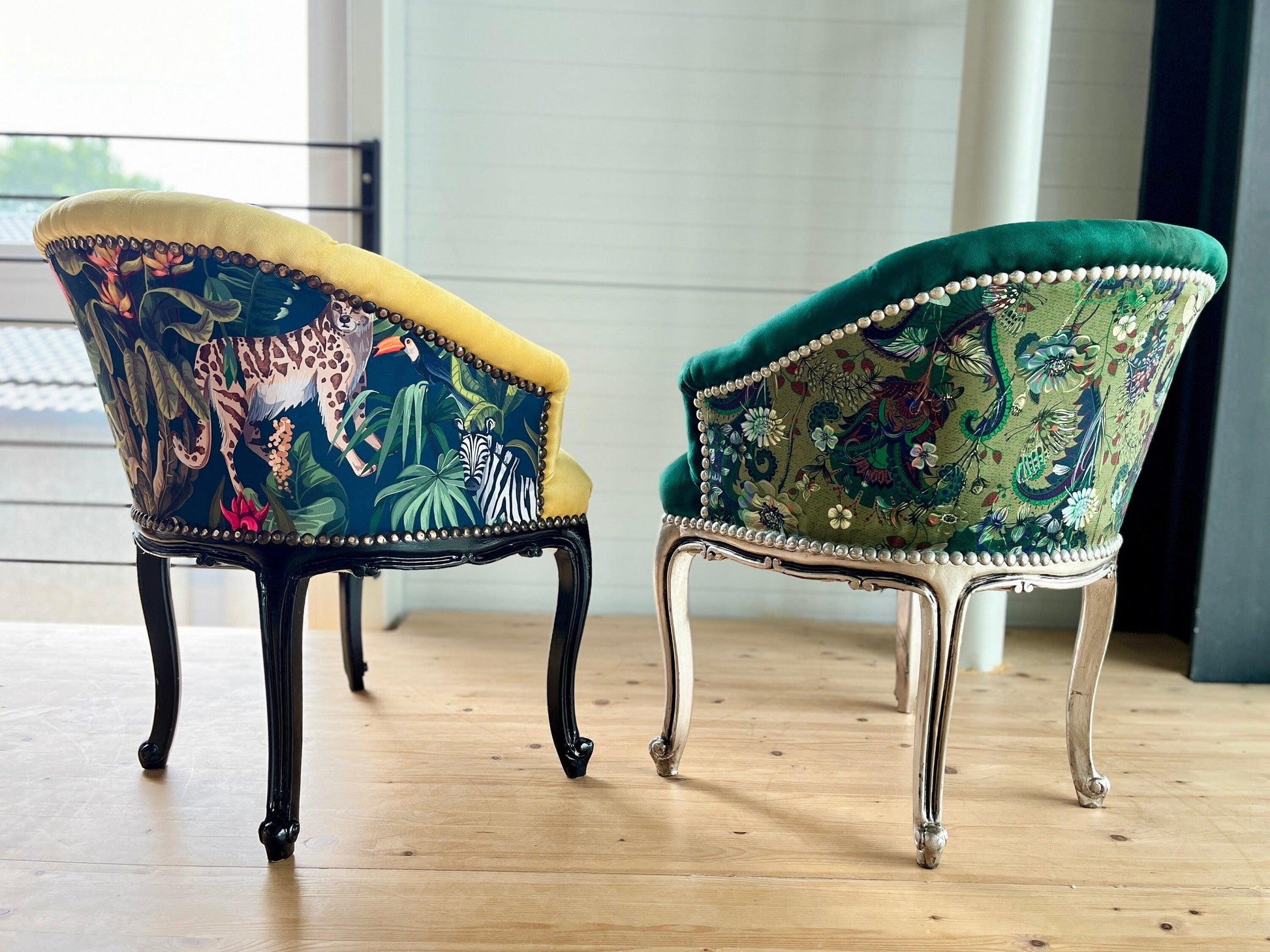 Cocktail Chair Tufted Velvet French Baroque Rococo Style in Animal Jungle Print at Back Bar Chair Velvet Yellow Velvet Green Lounge Chair