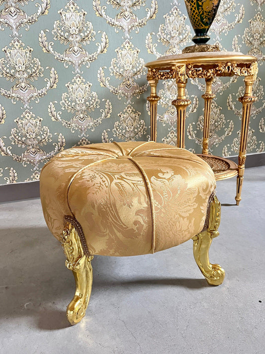 Ottoman French Baroque Rococo Style Footstool for Home Decor Foil Gold Finish in Gold / Beige / Black Jacquard Fabrics