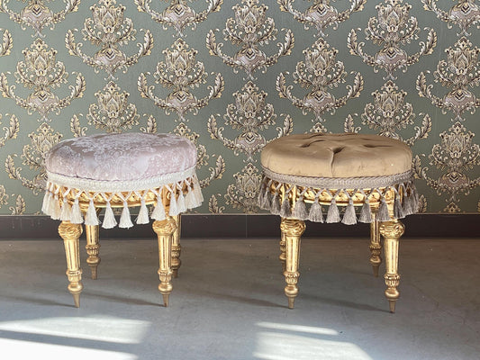Adorable Velvet Pouf French Baroque Style Ottoman With Fringe In Ivory Flower Pattern In Camel Velvet Footstool In Gold Finish