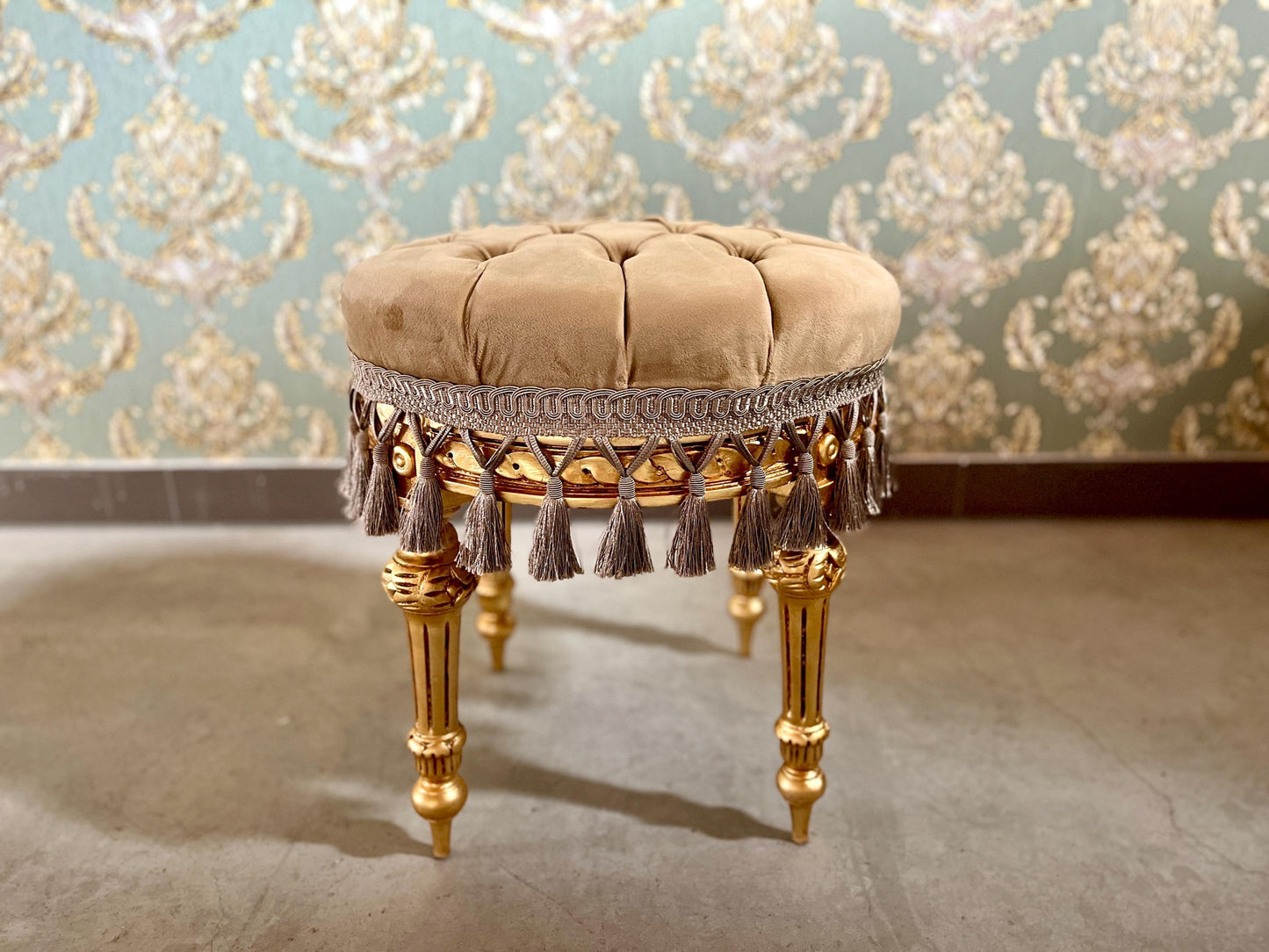 Adorable Velvet Pouf French Baroque Style Ottoman With Fringe In Ivory Flower Pattern In Camel Velvet Footstool In Gold Finish