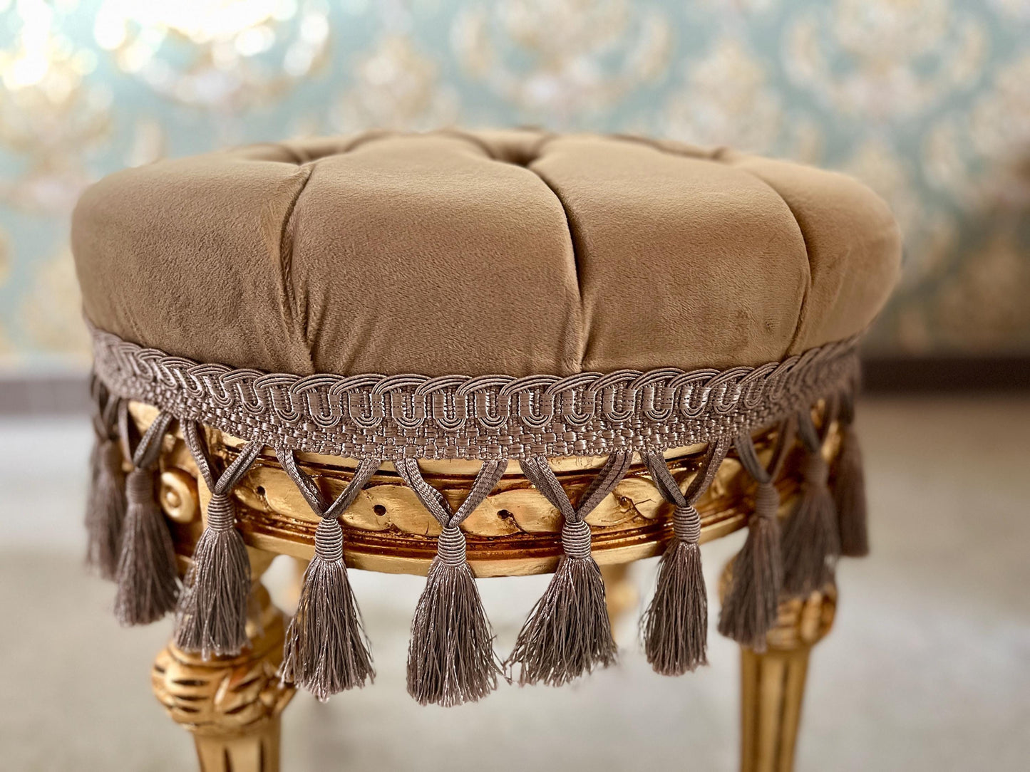 Adorable Velvet Pouf French Baroque Style Ottoman With Fringe In Ivory Flower Pattern In Camel Velvet Footstool In Gold Finish