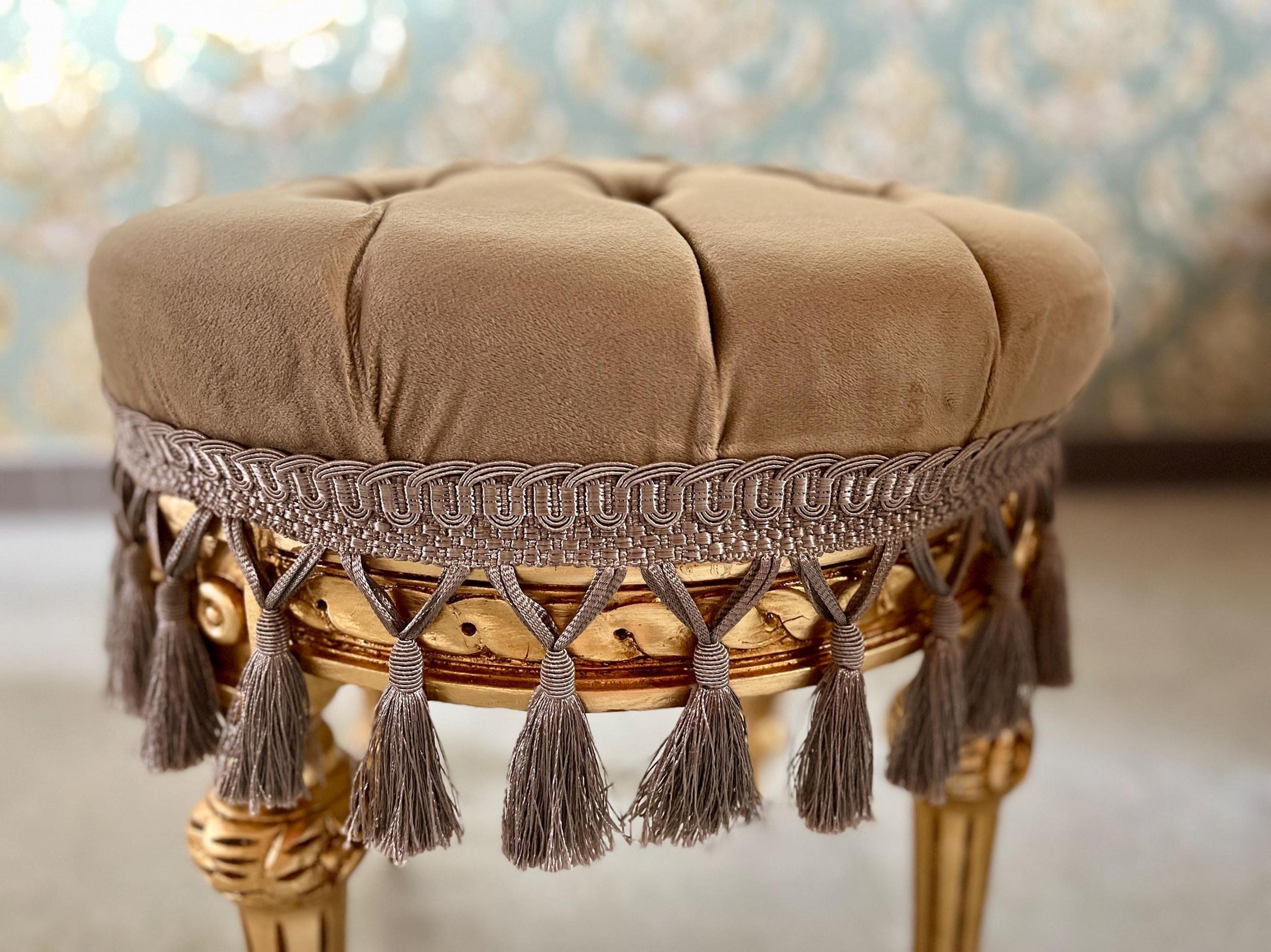 Adorable Velvet Pouf French Baroque Style Ottoman With Fringe In Ivory Flower Pattern In Camel Velvet Footstool In Gold Finish