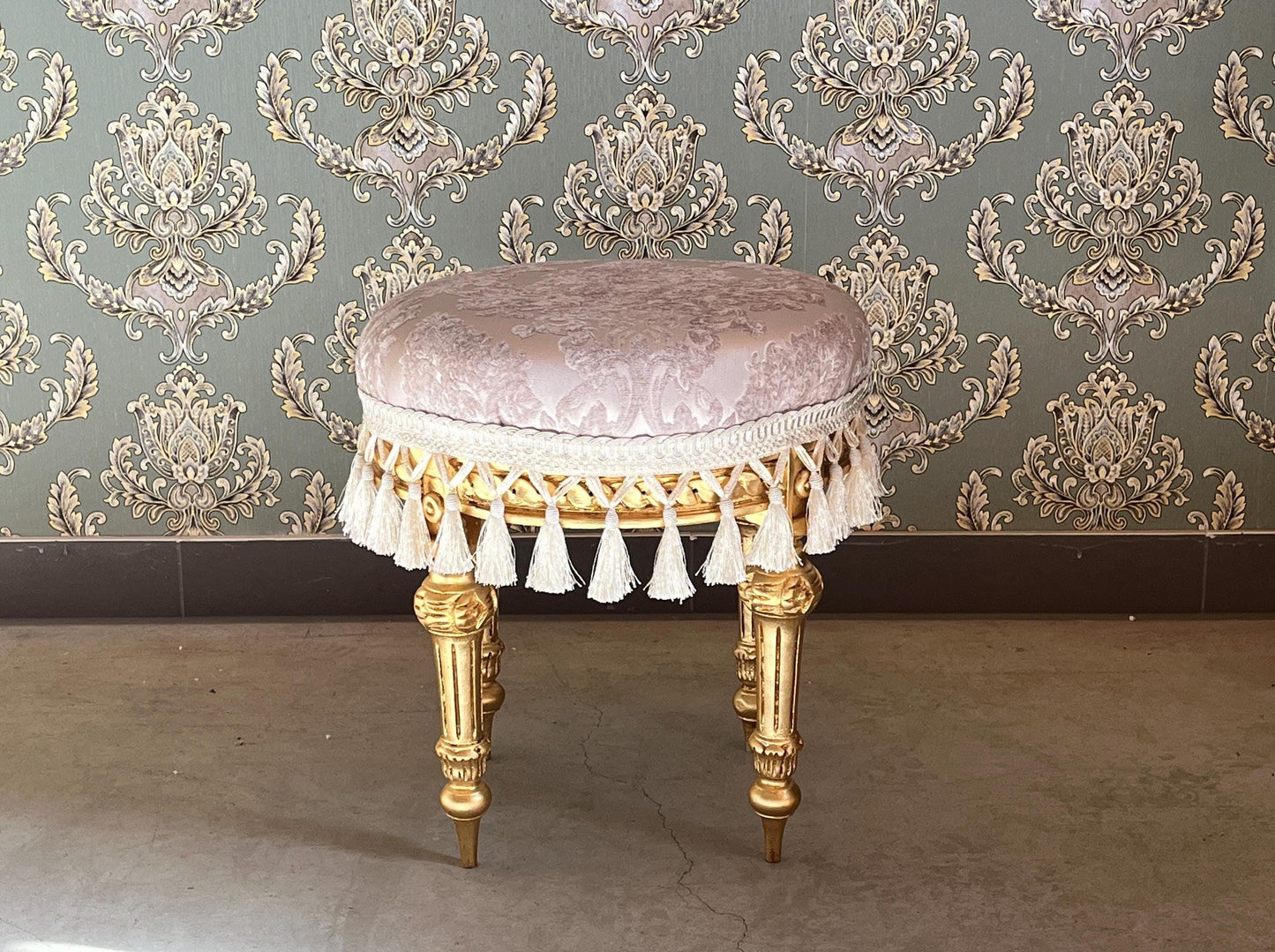 Adorable Velvet Pouf French Baroque Style Ottoman With Fringe In Ivory Flower Pattern In Camel Velvet Footstool In Gold Finish