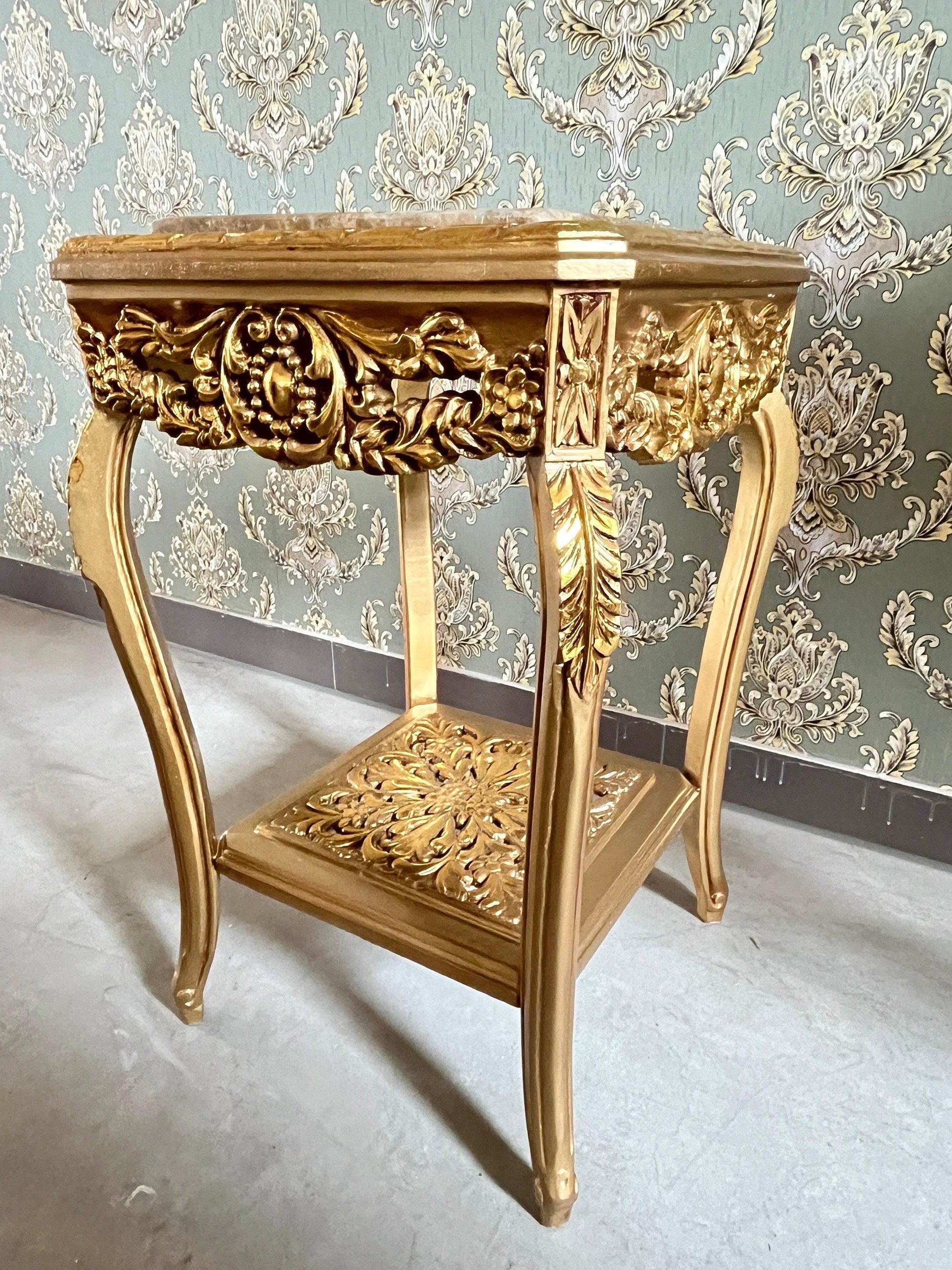 Square Side Table Marble Top in Retro Baroque Rococo Style in Beige or Gold Finish