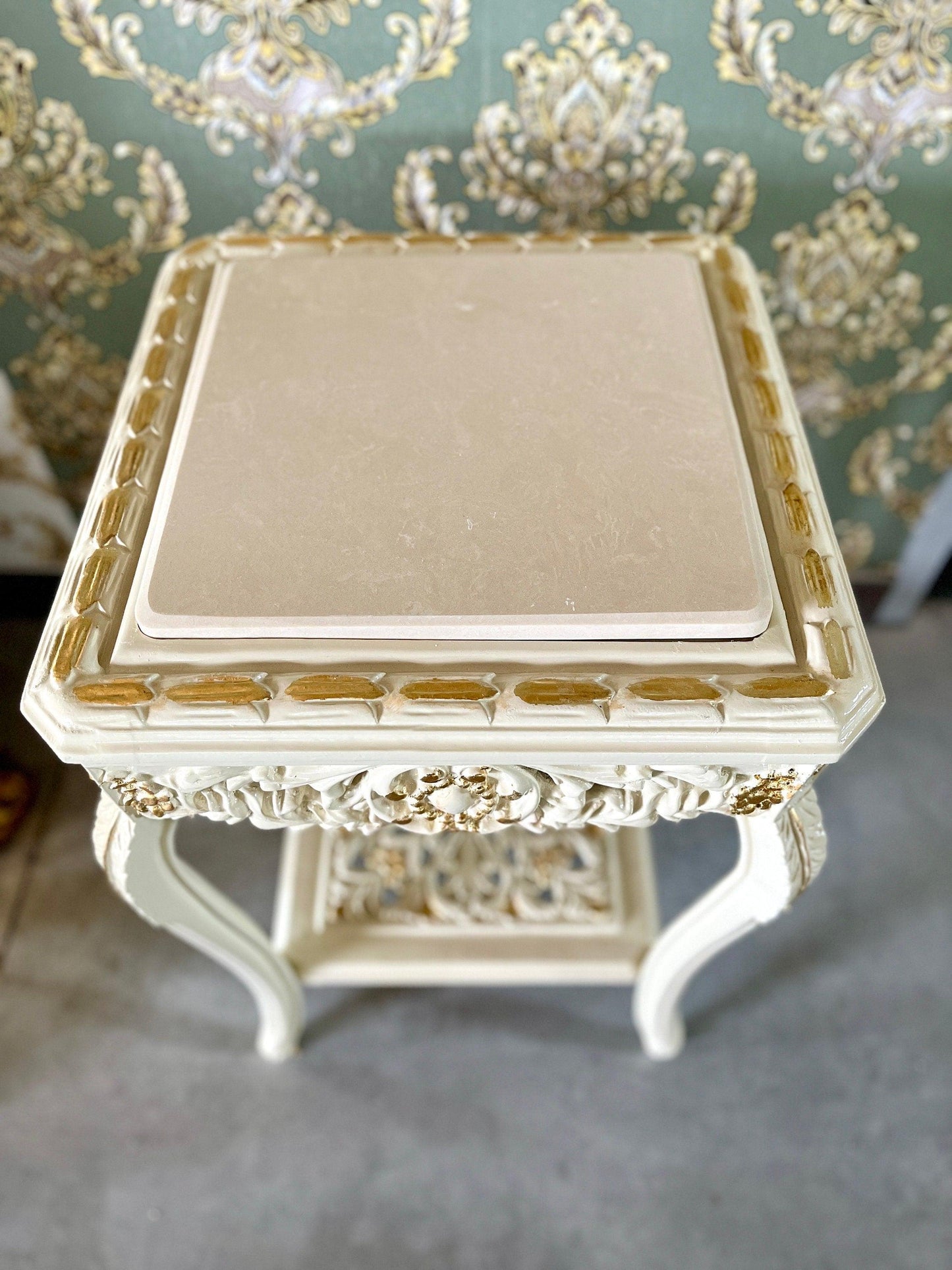 Square Side Table Marble Top in Retro Baroque Rococo Style in Beige or Gold Finish